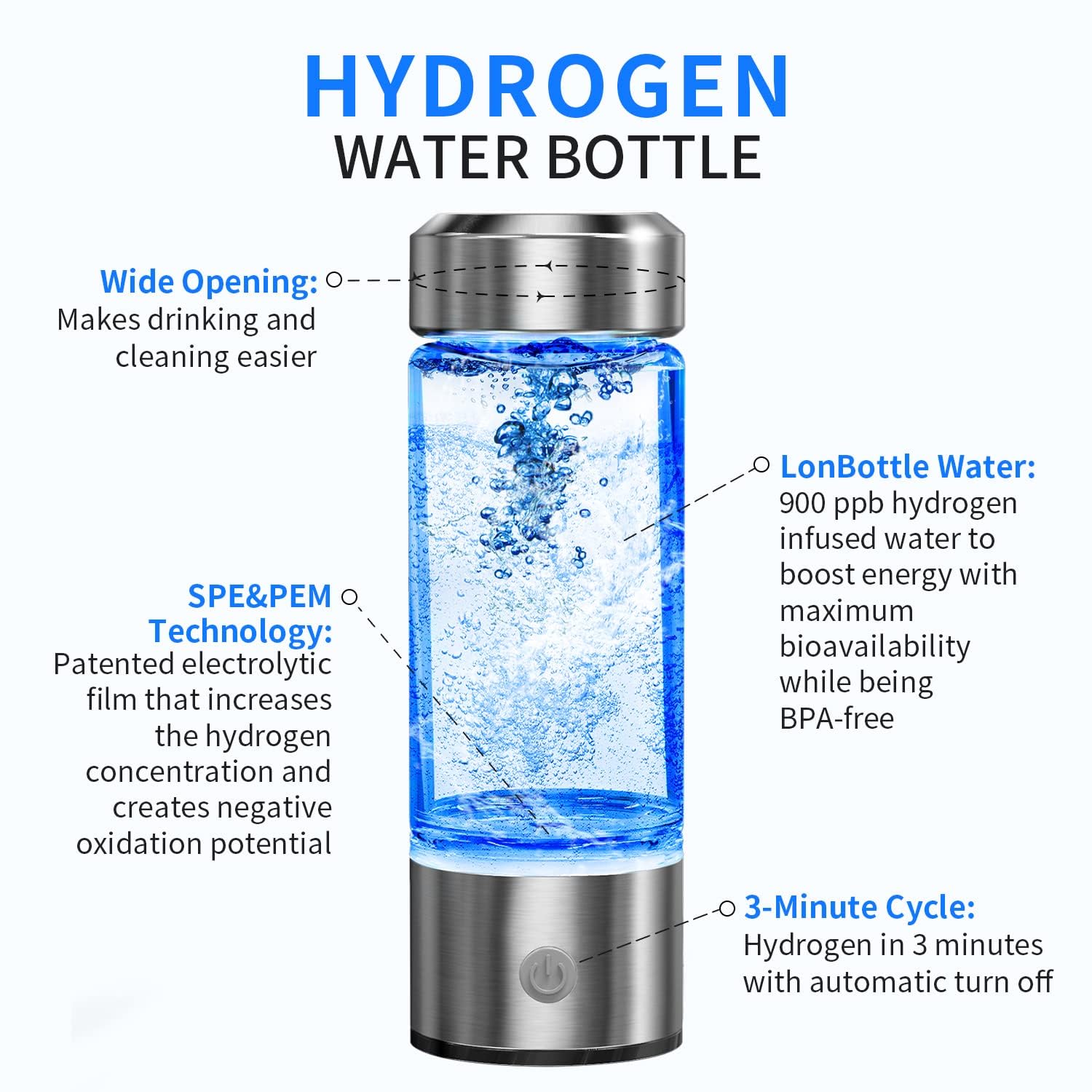 Hydrogen Water Bottle, Portable Hydrogen Water Ionizer Machine, Hydrogen Water Generator, Rechargeable Hydrogen Rich Water Glass Health Cup for Home Travel (Silver)