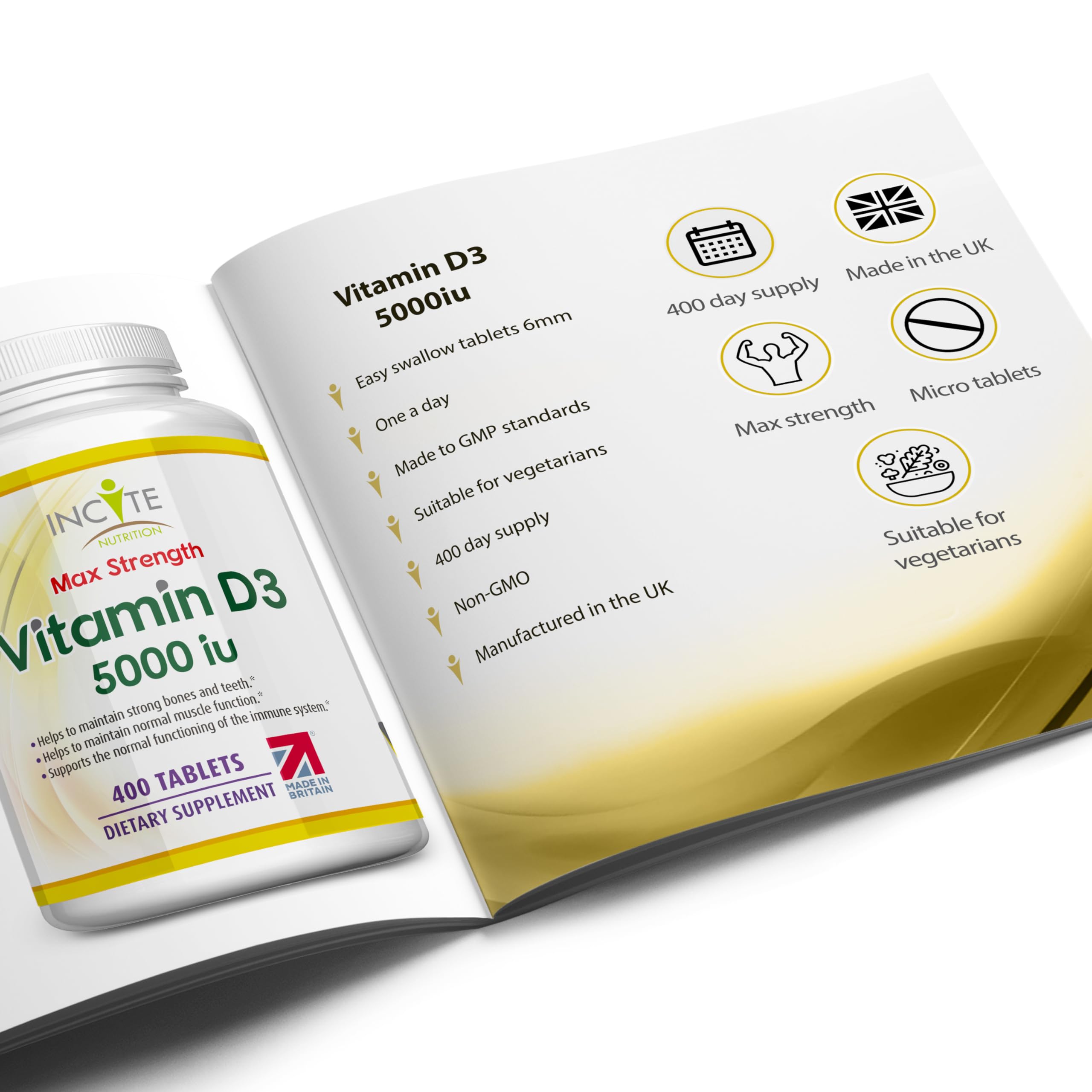 Incite Nutrition Vitamin D 5000 iu - 400 Premium Vitamin D3 Easy-Swallow Micro Tablets - One a Day High Strength Cholecalciferol VIT D3 5000iu - Vegetarian Supplement - Made in The UK