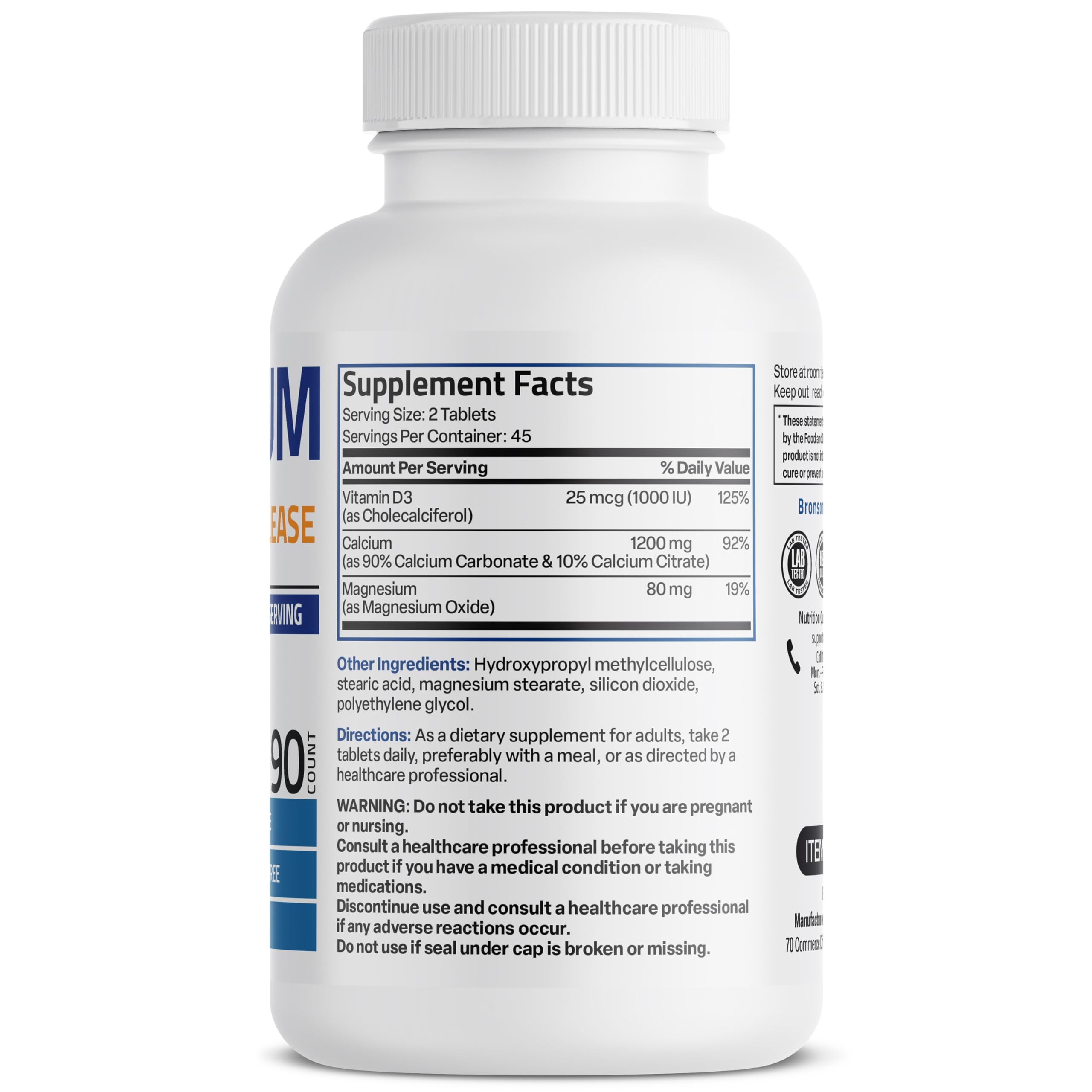 Bronson Calcium 1200 MG Per Serving Sustained Release with Vitamin D3 1000 IU Vitamin D3 Per Serving Non-GMO, 90 Tablets