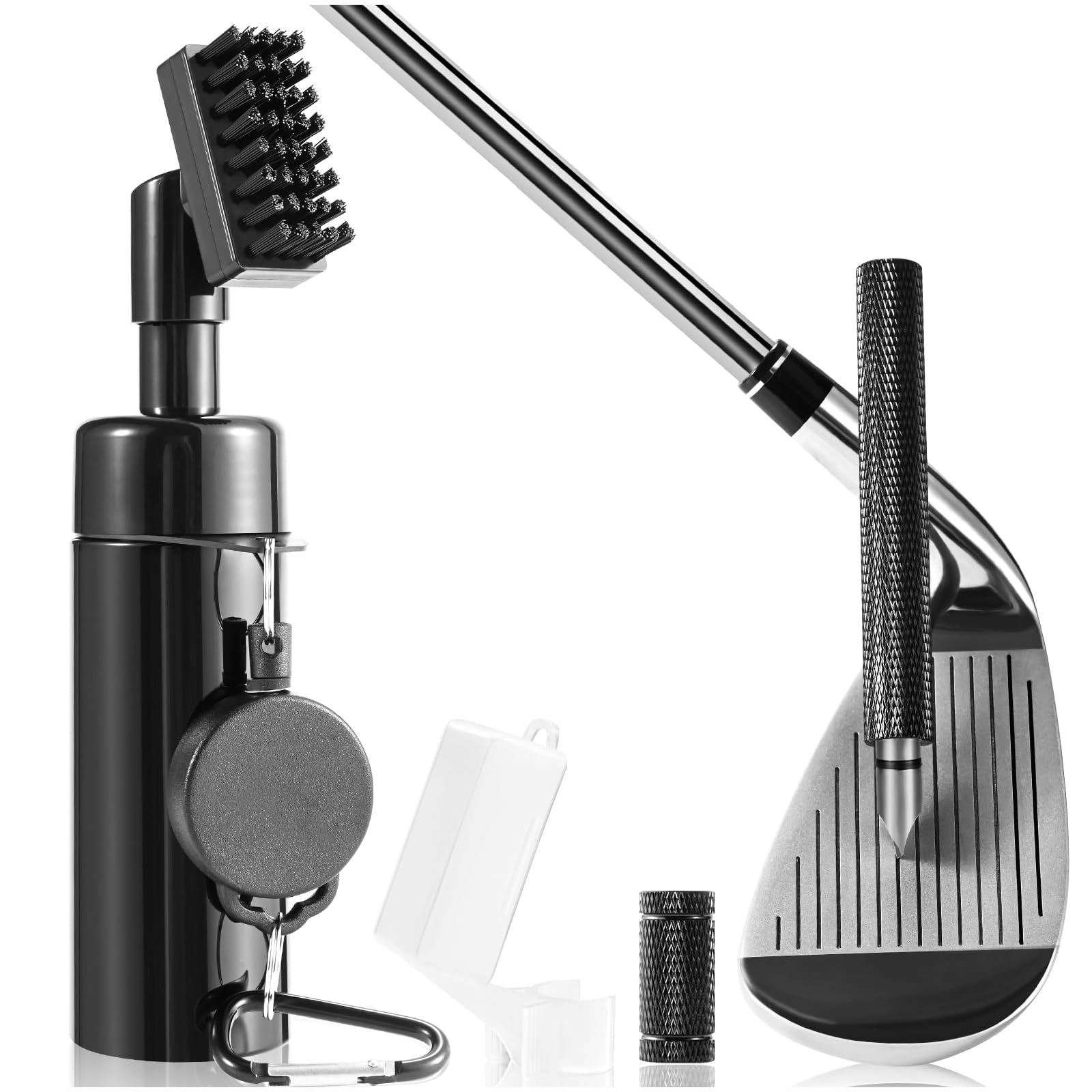 Wynaura Pro Golf Club Cleaner Brush with Golf Groove Sharpener Tool Suitable for U & V-Grooves 8 Inches Golf Water Brush with Retractable Clip Hold 5oz of Water Perfect Golf Accessories for Men/Women, Black