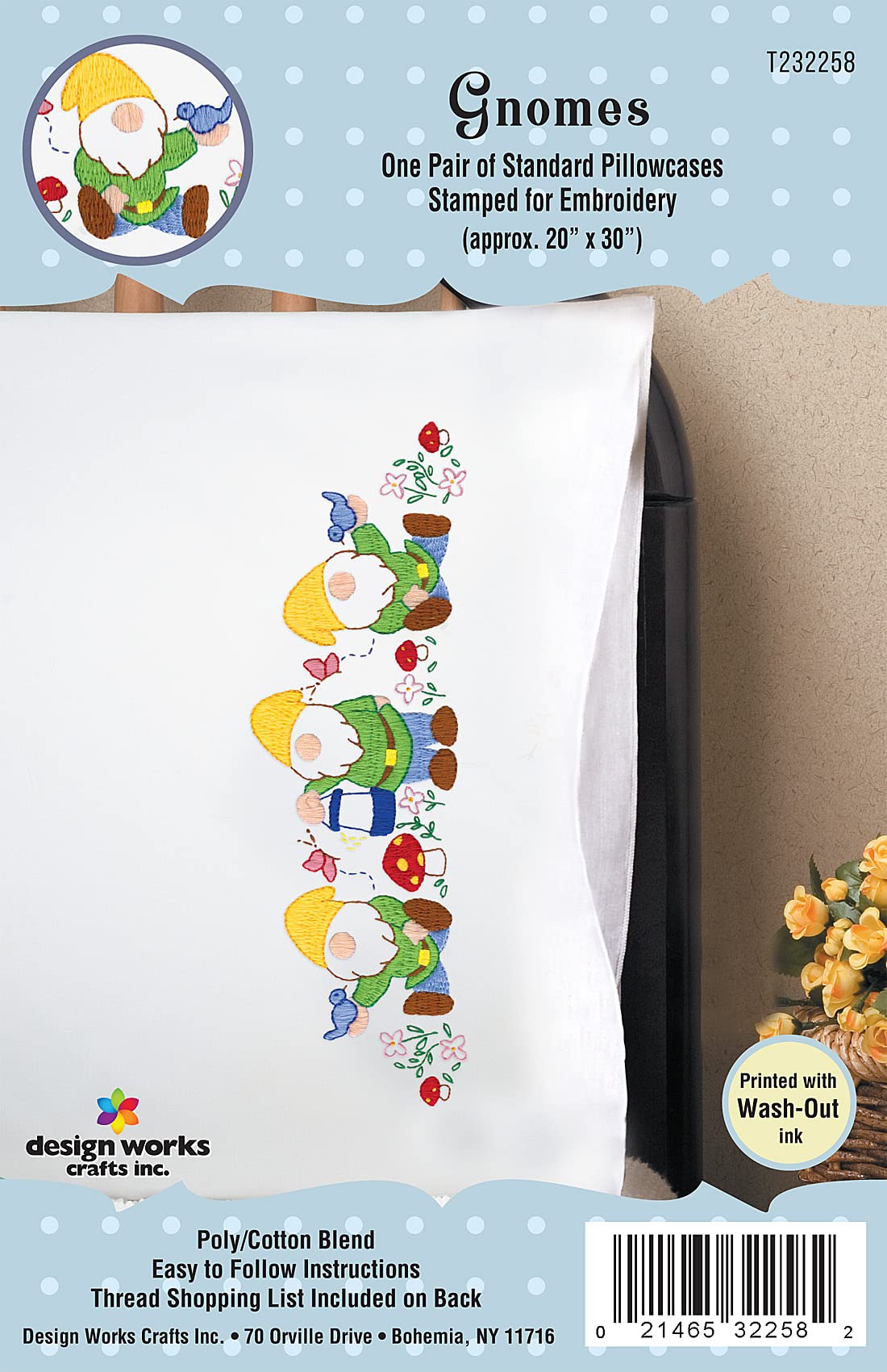 Tobin Gnomes Stamped for Embroidery Pillowcases, White