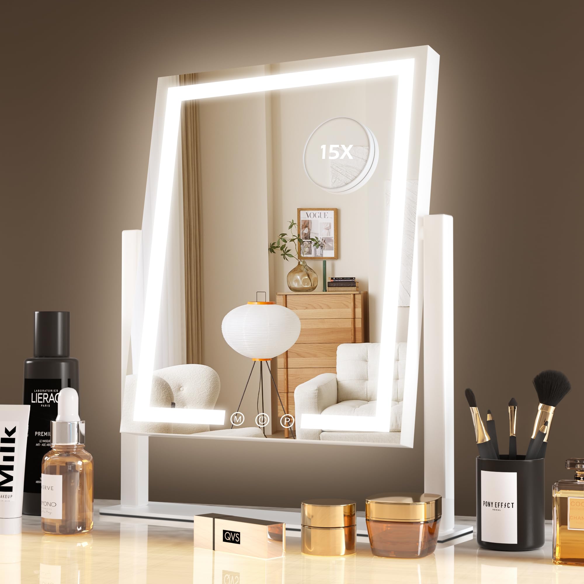 LuxeVue Makeup Mirror with Lights,Hollywood Vanity Mirror with Lights, 3 Color Lighting Modes, Detachable 15X Magnification Mirror, Smart Touch Control,360°Rotation,Gifts for Girls/Women (White)