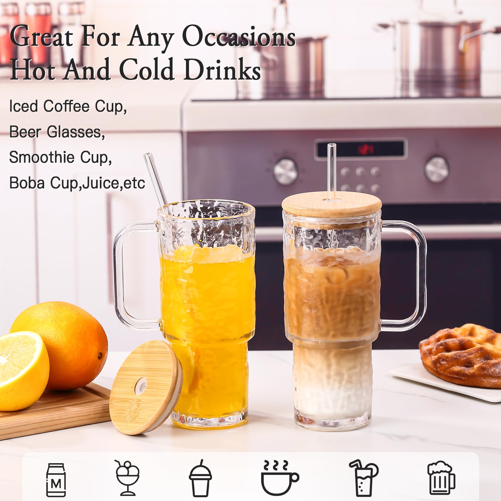 SIPBYSOP 26 oz Water Ripple Glass Tumbler with Handle Lid and Straw, 2 Pack Large Iced Coffee Cups,With Bamboo Lid,for for Hot & Cold Beverages, Smoothies, Tea and Juice, Dishwasher Safe