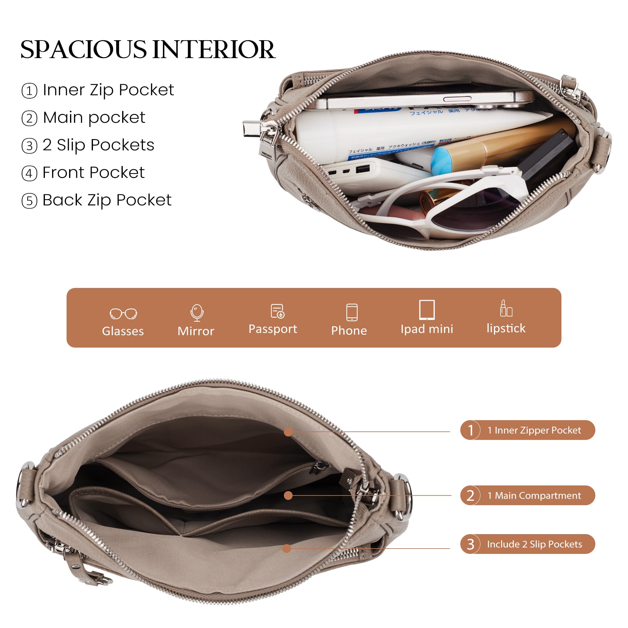 befen Genuine Leather Crossbody bag for Women, Brown Leather Purse Women's Hobo Crossbody Purse Shoulder Handbags with Adjustable Wide Shoulder Strap for Everyday and Travel,Grey