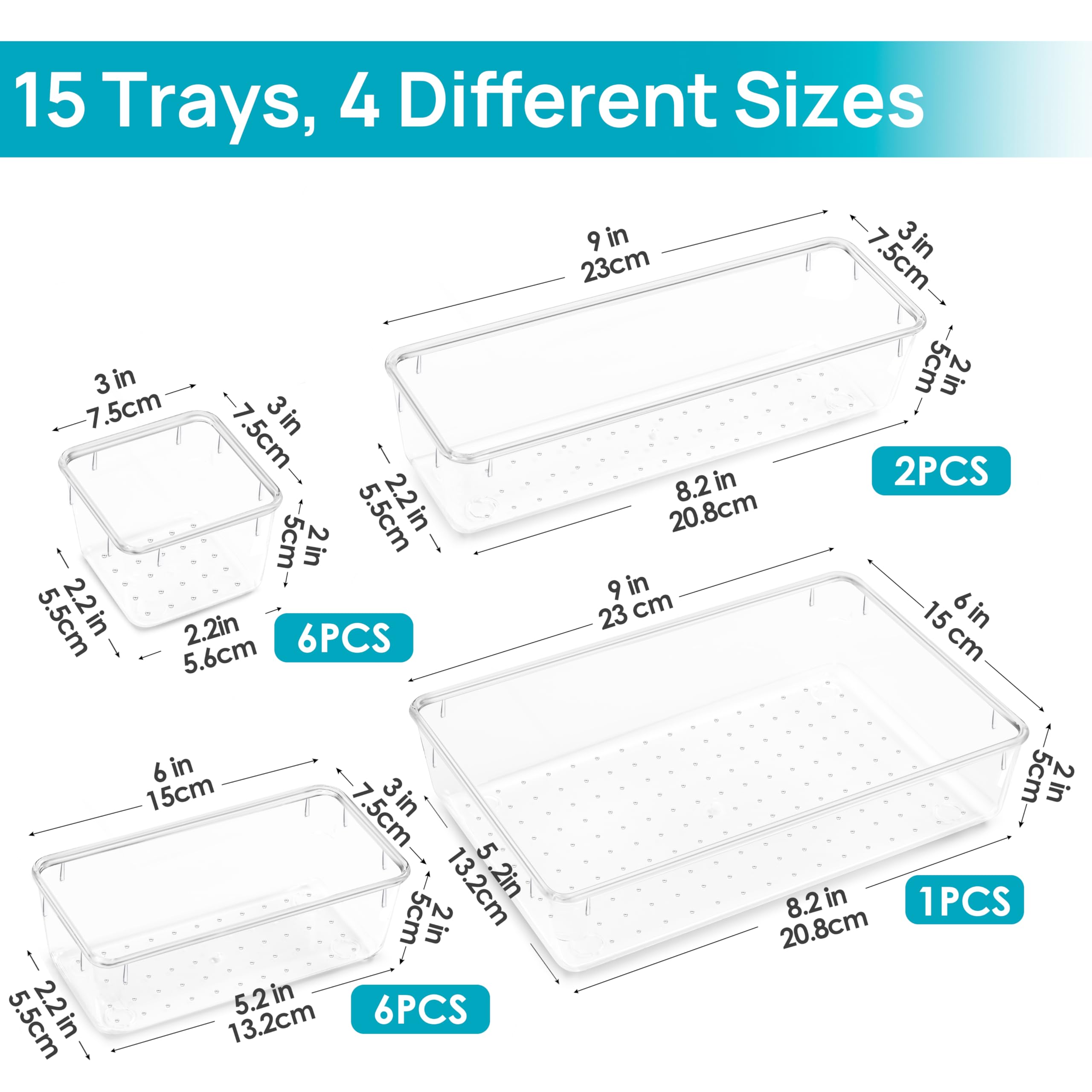 Vtopmart 15 PCS Clear Plastic Drawer Organizers Set, 4-Size Versatile Bathroom and Vanity Drawer Organizer Trays, Storage Bins for Makeup, Bedroom, Kitchen Gadgets Utensils and Office