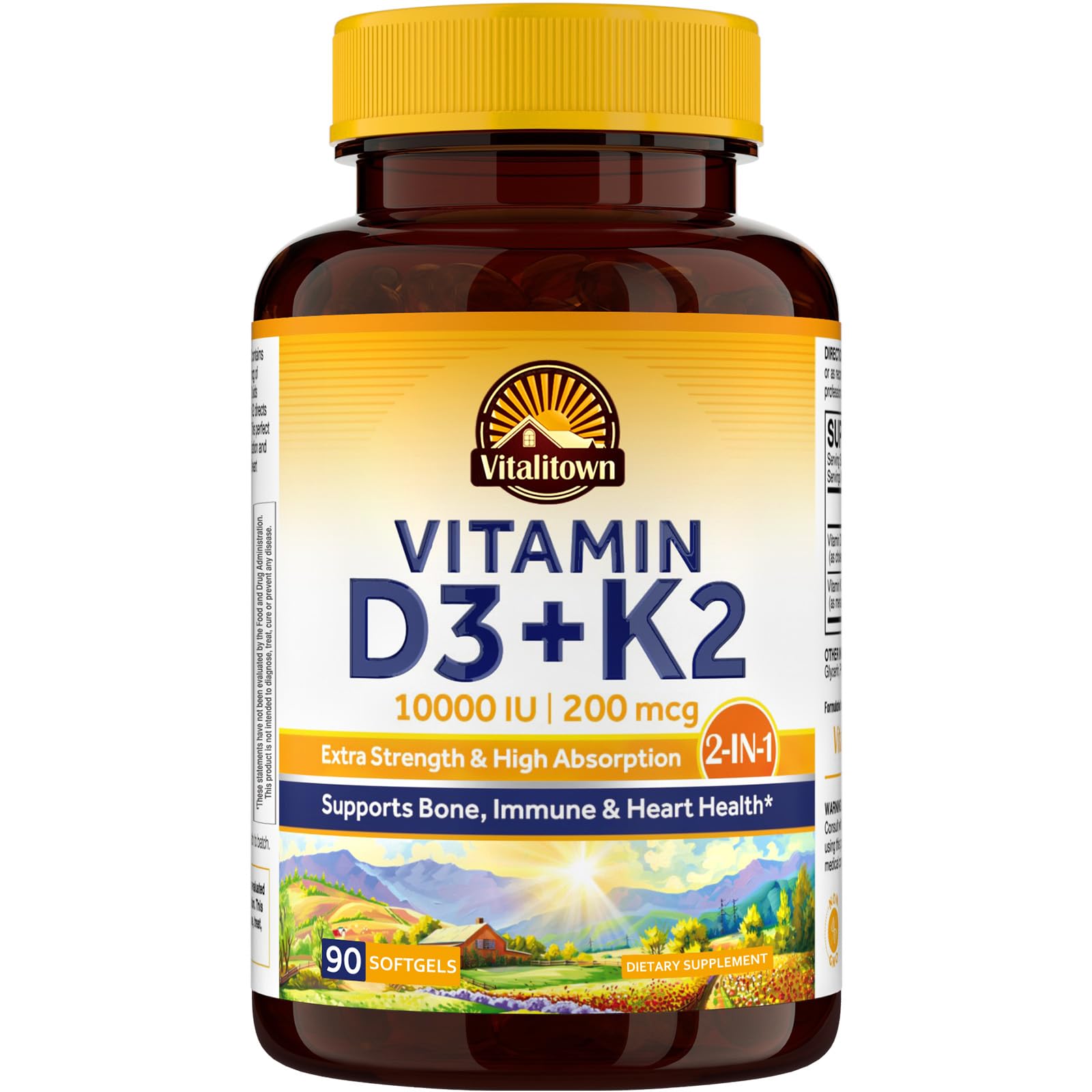 Vitalitown Vitamin D3 K2 Supplement, Vitamin D3 10000 IU Vitamin K2 (MK7) 200 mcg, 90 Softgels, Non-GMO, No Gluten & Soy, for Bone, Teeth, Immune & Heart Health