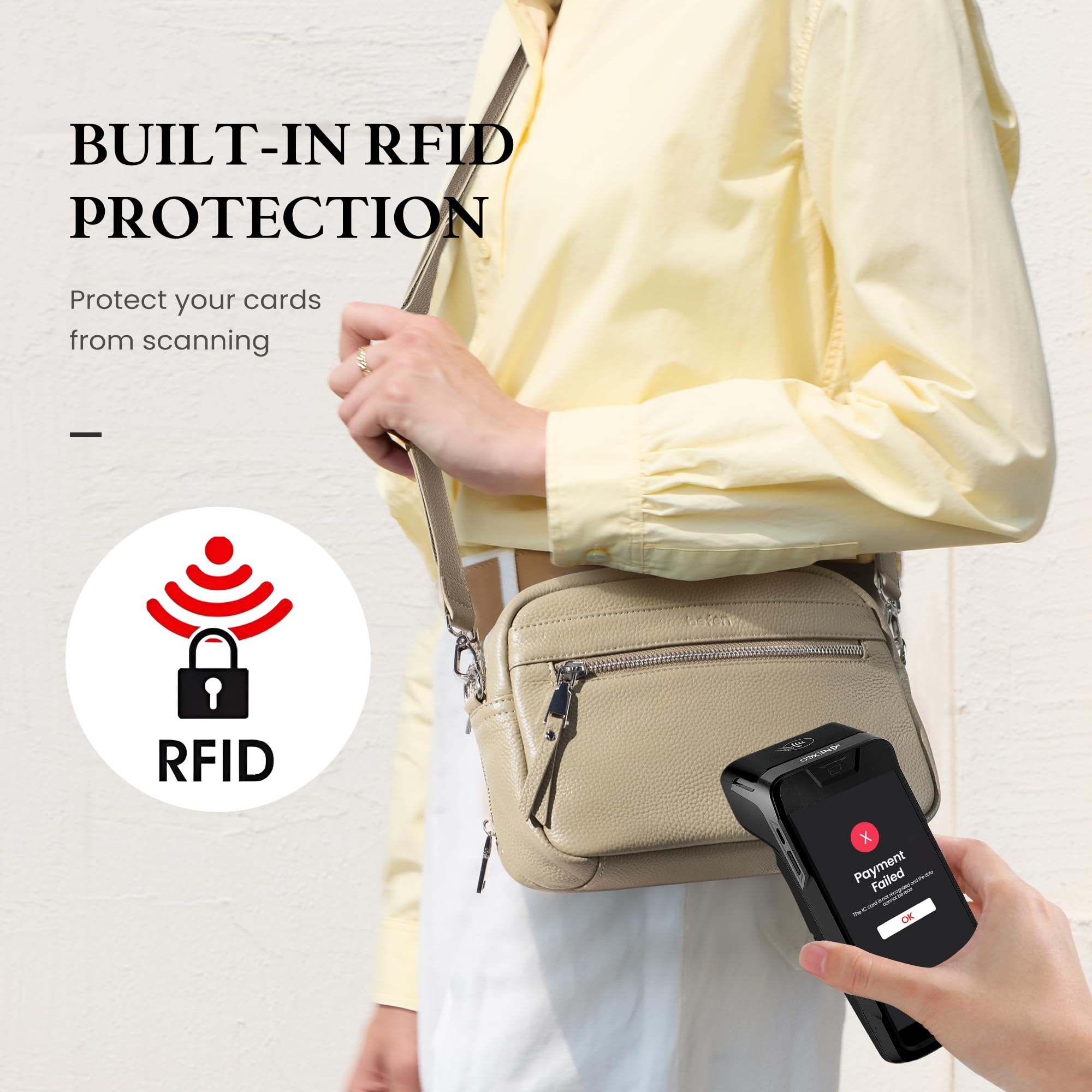 befen Genuine Leather Crossbody Bags for Women Small Camera Purses with Built in RFID Wallet Woman Shoulder Bag Handbags