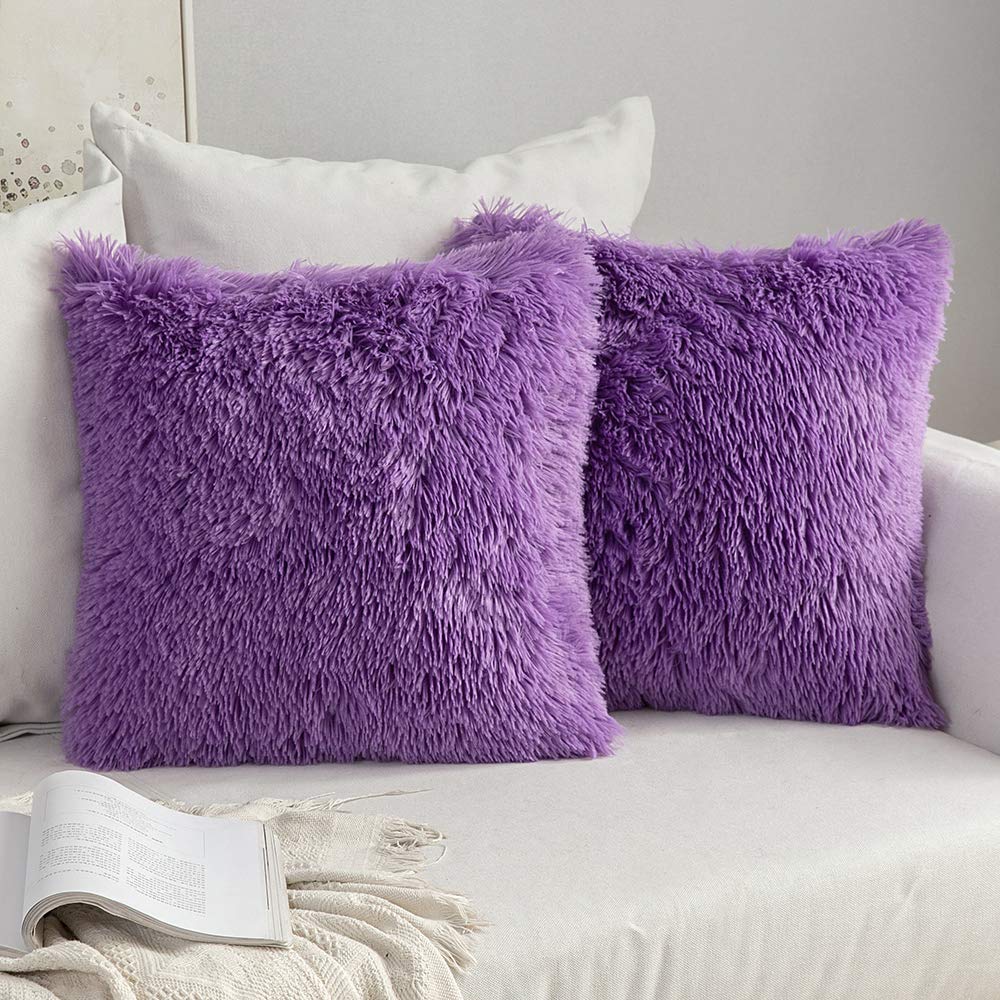 MIULEE Pack of 2 Luxury Faux Fur Throw Pillow Cover Deluxe Winter Decorative Plush Pillow Case Cushion Cover Shell for Sofa Bedroom Car 18 x 18 Inch Purple