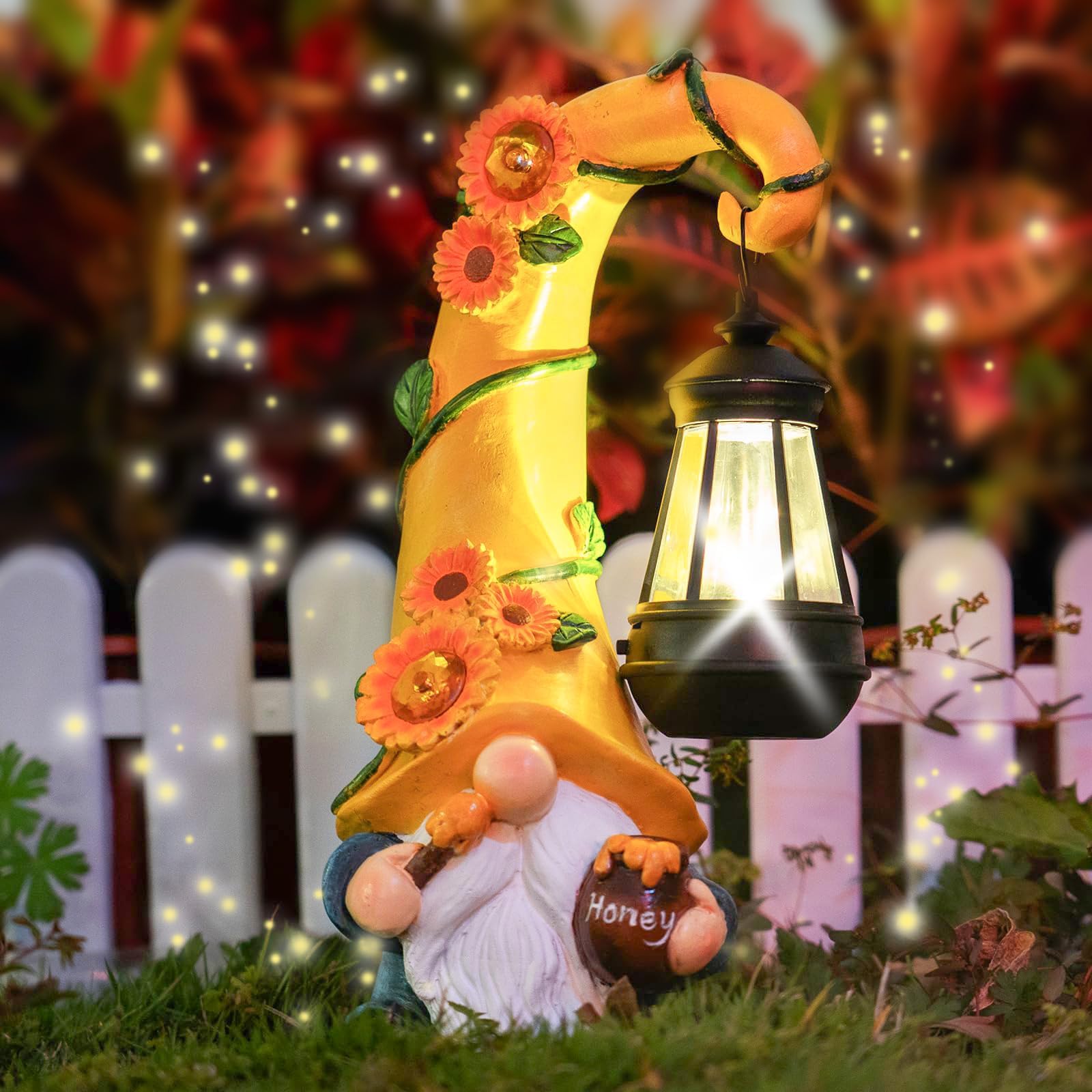 twinbling 12" Solar Gnome Garden Statues Honey Bee jar Decor with LED Lantern Outdoor Gnomes Decorations Patio Yard Art Gifts for Women Mom-Lantern