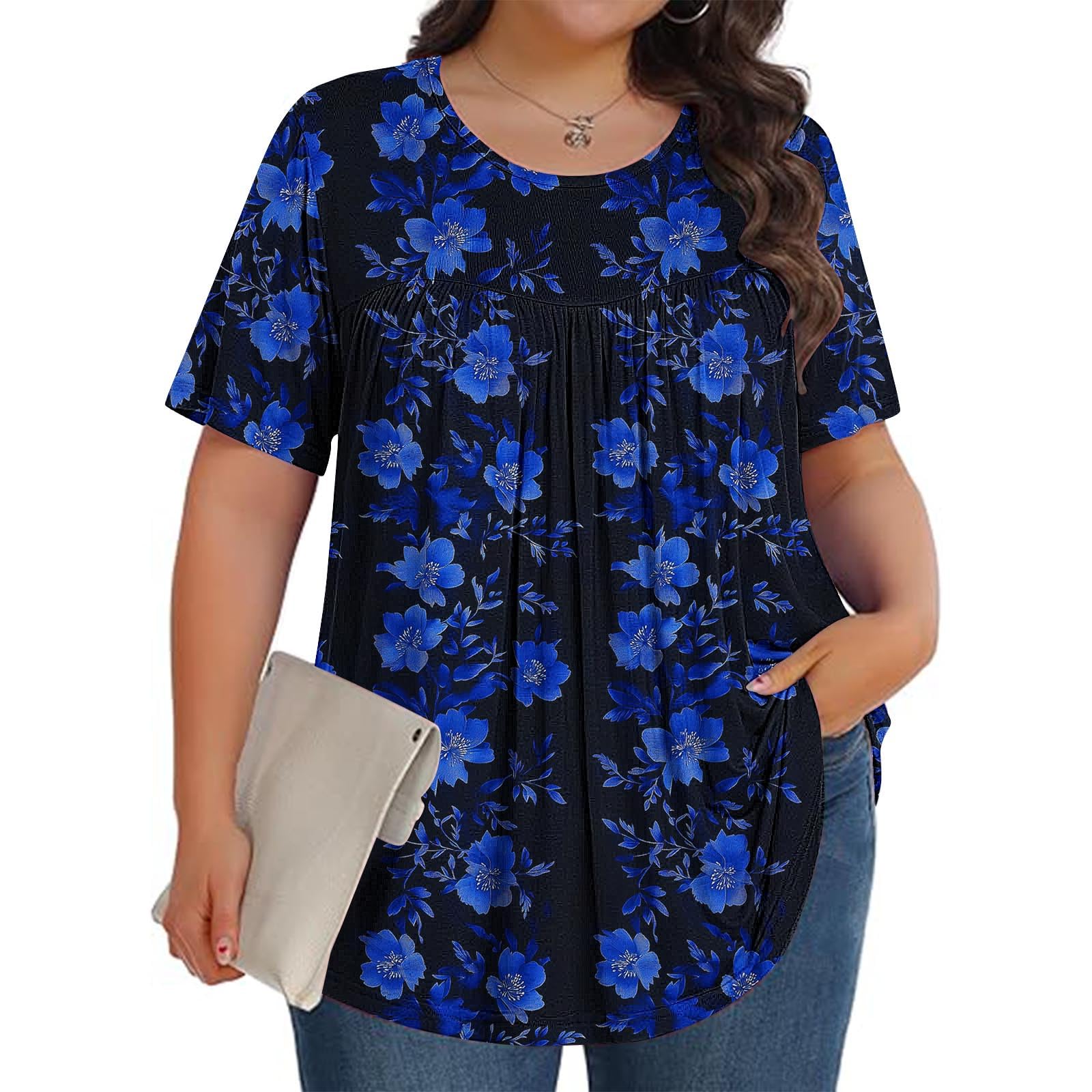 Plus Size Tops Plus Size Tops for Women Relaxed Fitted Short Sleeve Crewneck Shirts Floral Print Vacation Summer Clothes 2025