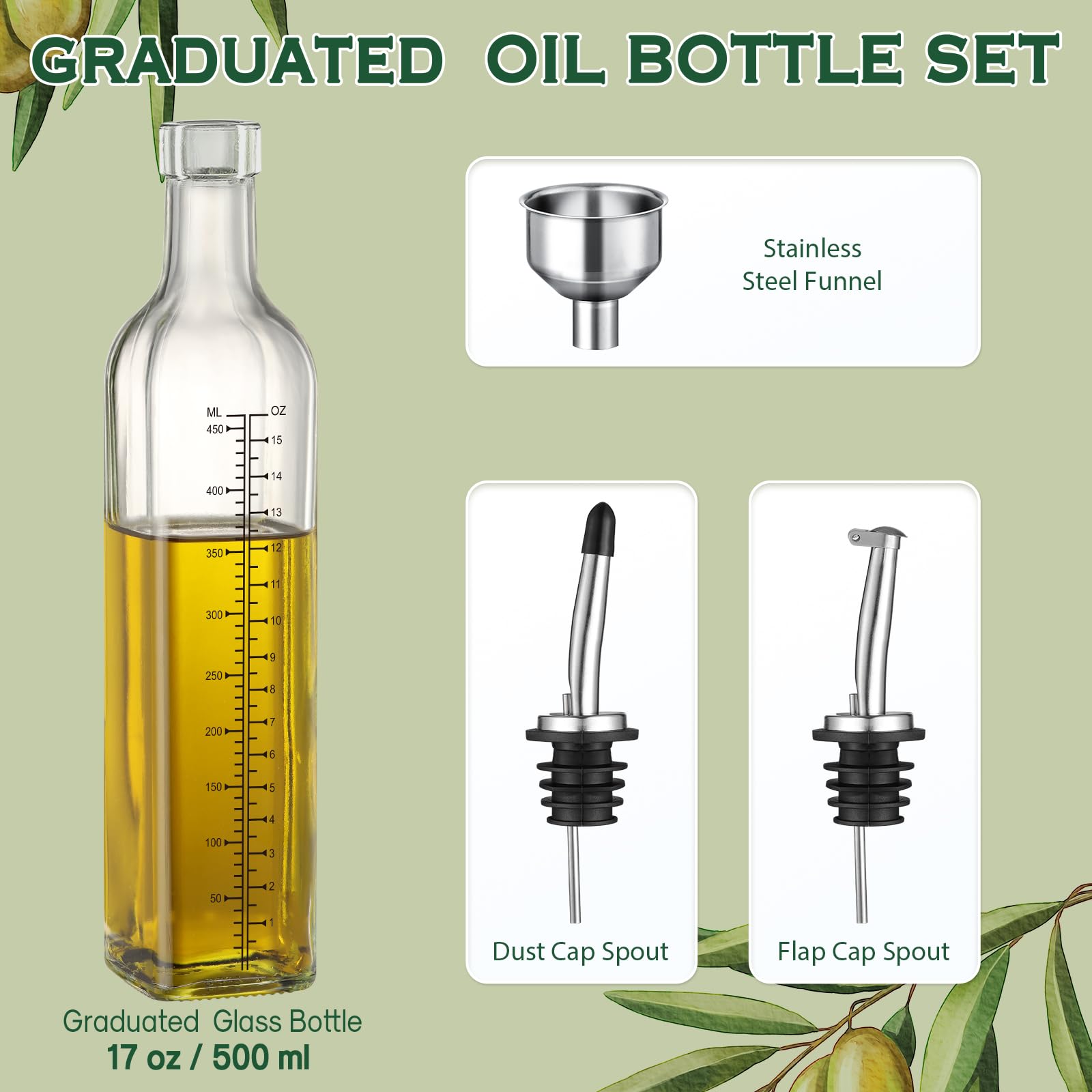 AOZITA 17oz Glass Olive Oil Dispenser Bottle - 500ml Clear -Oil & Vinegar Cruet with Pourers and Funnel - Olive Oil Carafe Decanter for Kitchen