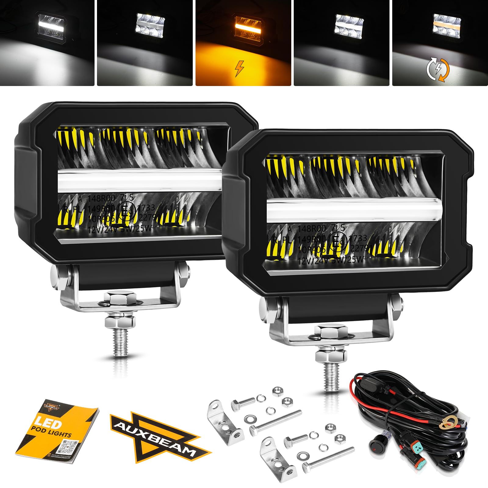 Auxbeam 4.5 Inch LED Driving Light Pods, Offroad Cubes Driving Beam Spotlights with White DRL& Amber Turn Signal Light, 120W 13920LM Super Bright Off Road Work Auxiliary Lights with Wiring Harness