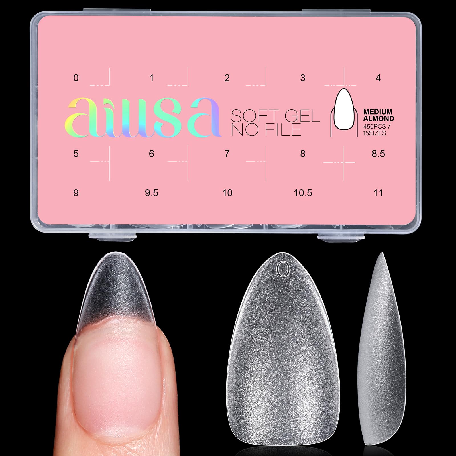 AILLSA Medium Almond Nail Tips 450PCS Full Cover Clear Acrylic Nail Tips Double-Sided Matte No Need Base Coat Nail Tips Press on Fake Nail Tips for Nail Tips Extension False Nails DIY Salon 15 Sizes