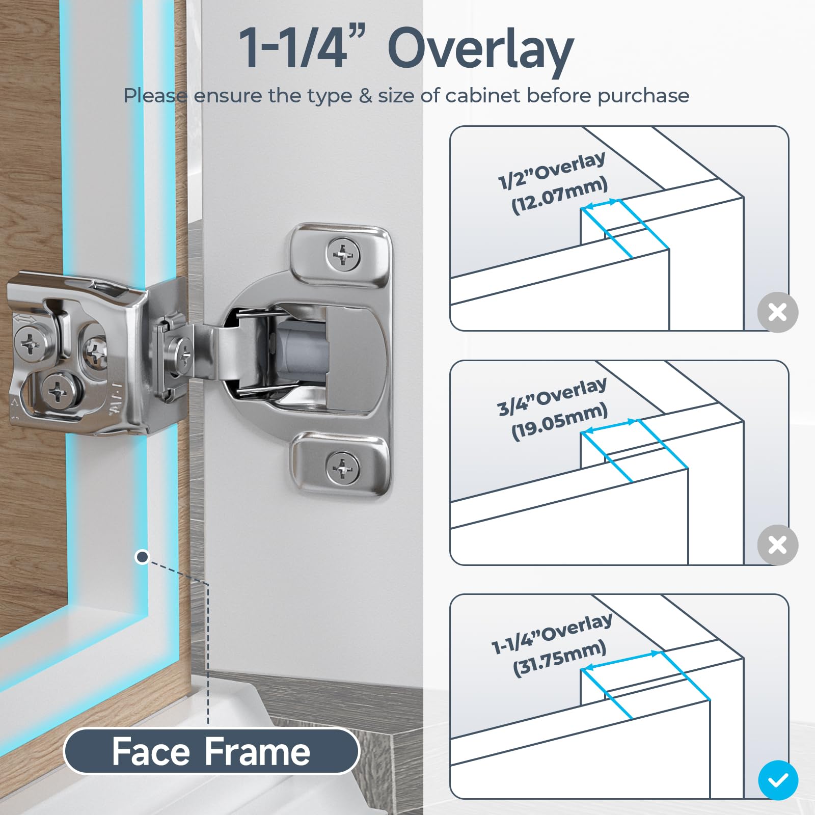 HOSOM 50 Pack 1-1/4" Overlay Soft Close Cabinet Hinges, Kitchen Cabinet Hinges, Cabinet Door Hinges, Soft Close Hinges for Kitchen Cabinet Doors, 3-Way Adjustment Cabinet Hinges Conccealed, 105 Degree