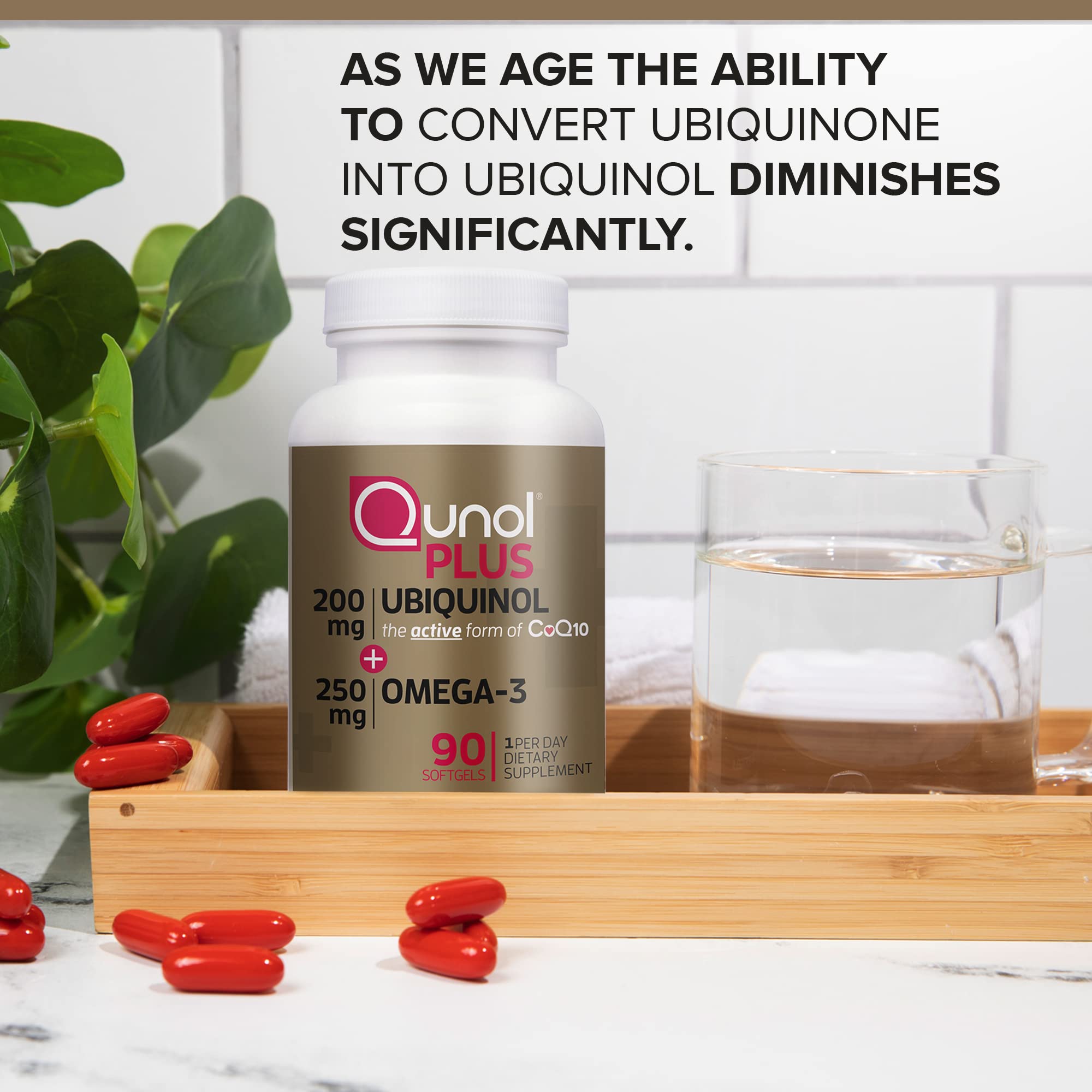 Qunol Plus Ubiquinol + Omega 3, Ubiquinol CoQ10 200mg with 250mg Omega-3 Fish Oil, Extra Strength, Antioxidant for Heart Health, Natural Supplement for Energy Production, (Bovine Version), 90 Count