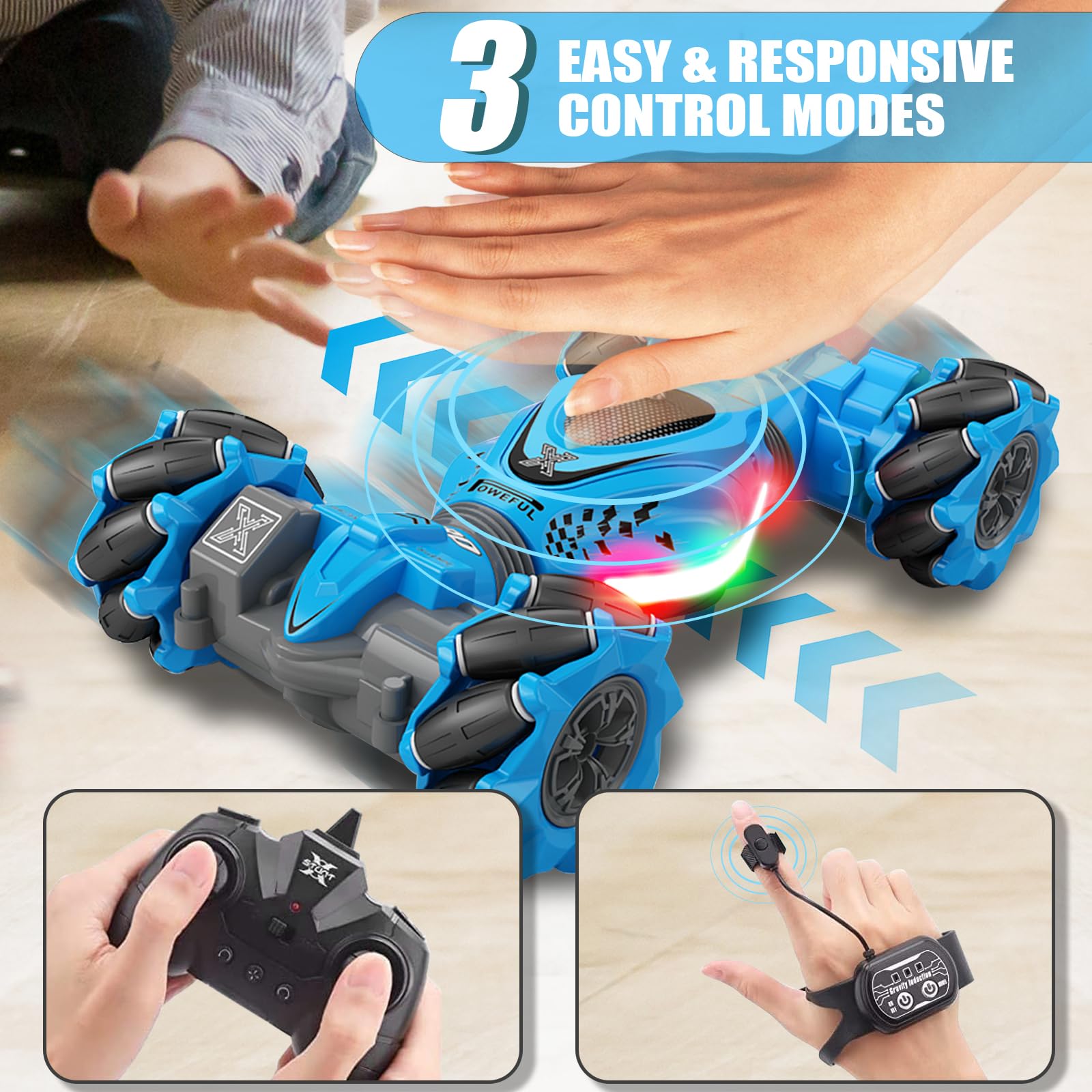 Weocar Gesture RC Car, 4WD High Speed Drift Stunt Car, 2.4Ghz Remote Control Cars Gesture Sensor, 360° Rotating Twist Offroad Cars w/Music Lights, Age 6-12 Boys Girls Birthday Gifts Xams, Blue