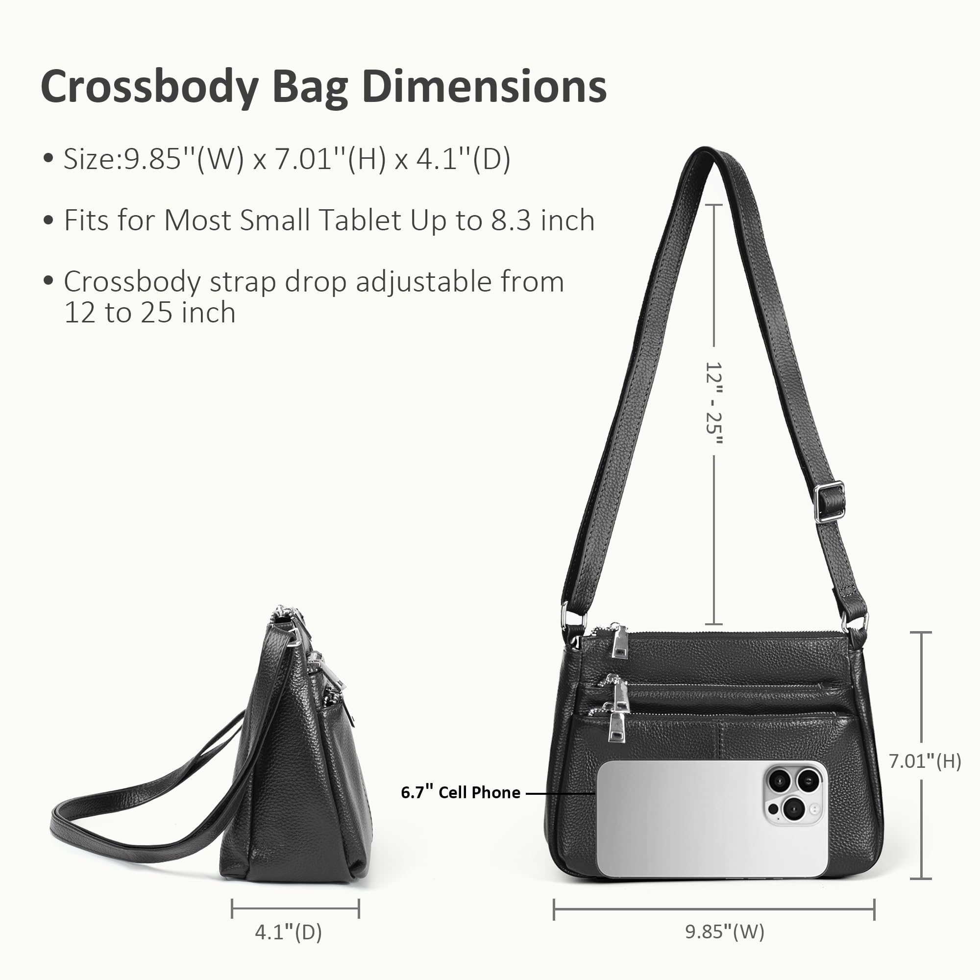 befen Genuine Leather Black Small Crossbody Purses Bags for Women, Woman Pocketbooks Shoulder Bag Satchel Purse with Multi Zipper Pockets