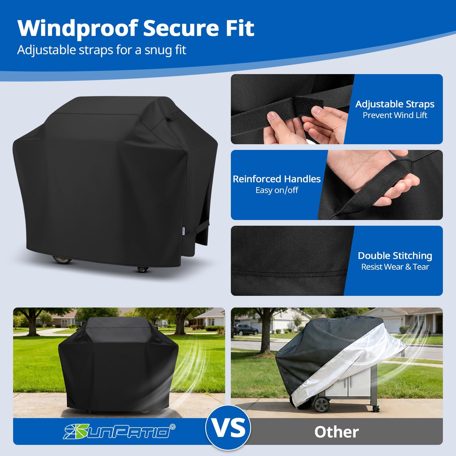 SunPatio Gas Grill Cover 60 Inch, Outdoor Heavy Duty Waterproof Barbecue Gas Cover, UV and Fade Resistant, All Weather Protection Compatible for Weber Charbroil Brinkmann Grills and More, Black