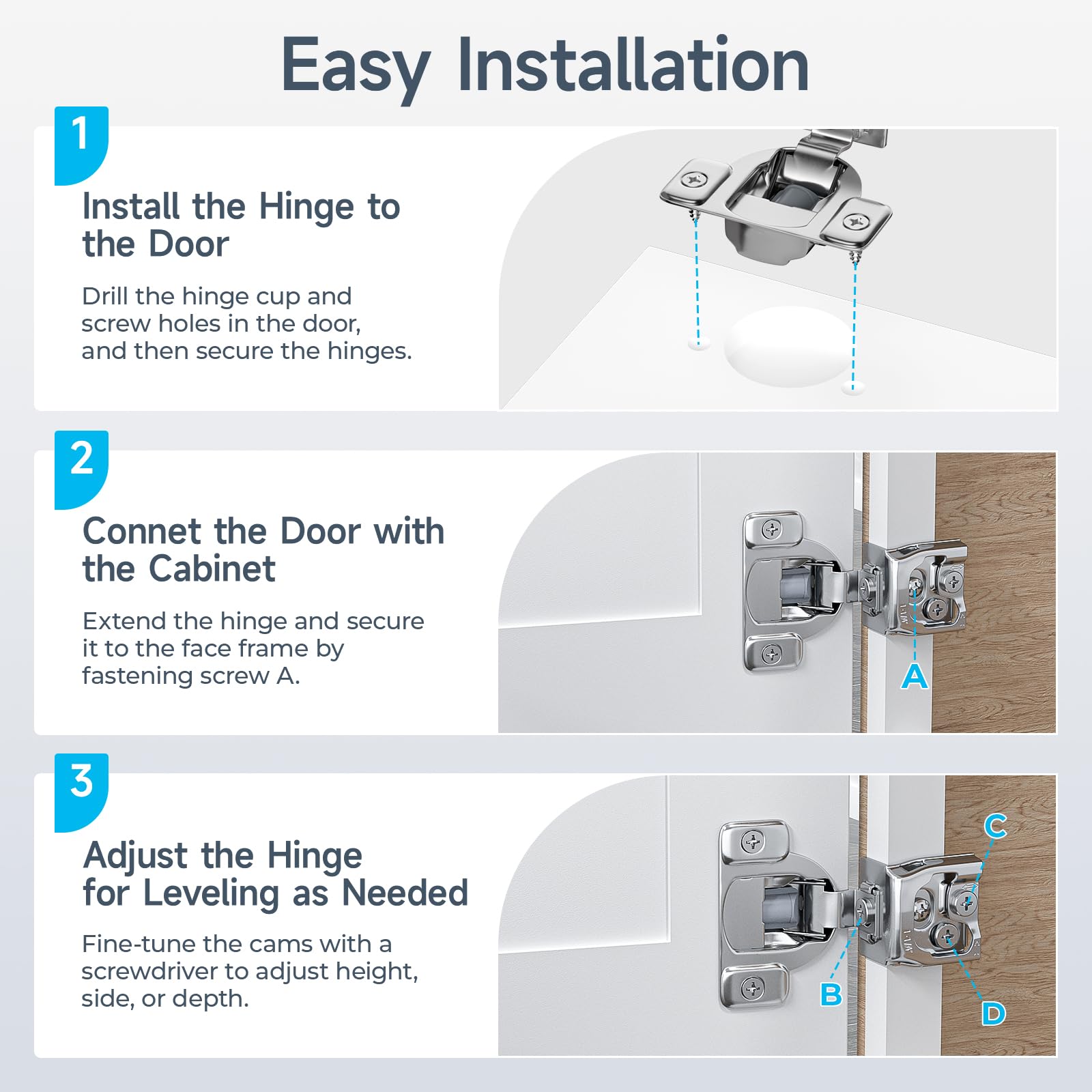 HOSOM 50 Pack 1-1/4" Overlay Soft Close Cabinet Hinges, Kitchen Cabinet Hinges, Cabinet Door Hinges, Soft Close Hinges for Kitchen Cabinet Doors, 3-Way Adjustment Cabinet Hinges Conccealed, 105 Degree