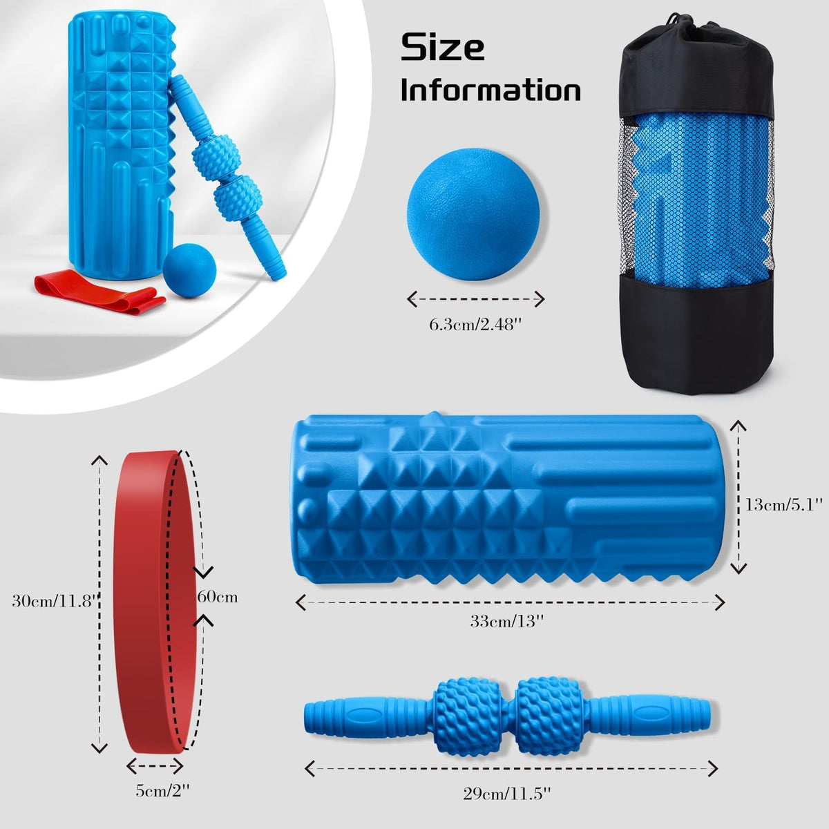 Krightlink 5-in-1 Foam Roller Set, Massage Roller Stick, Massage Ball, Resistance Band for Deep Muscle Massage, Trigger Point Release, Pilates, Yoga (Blue)