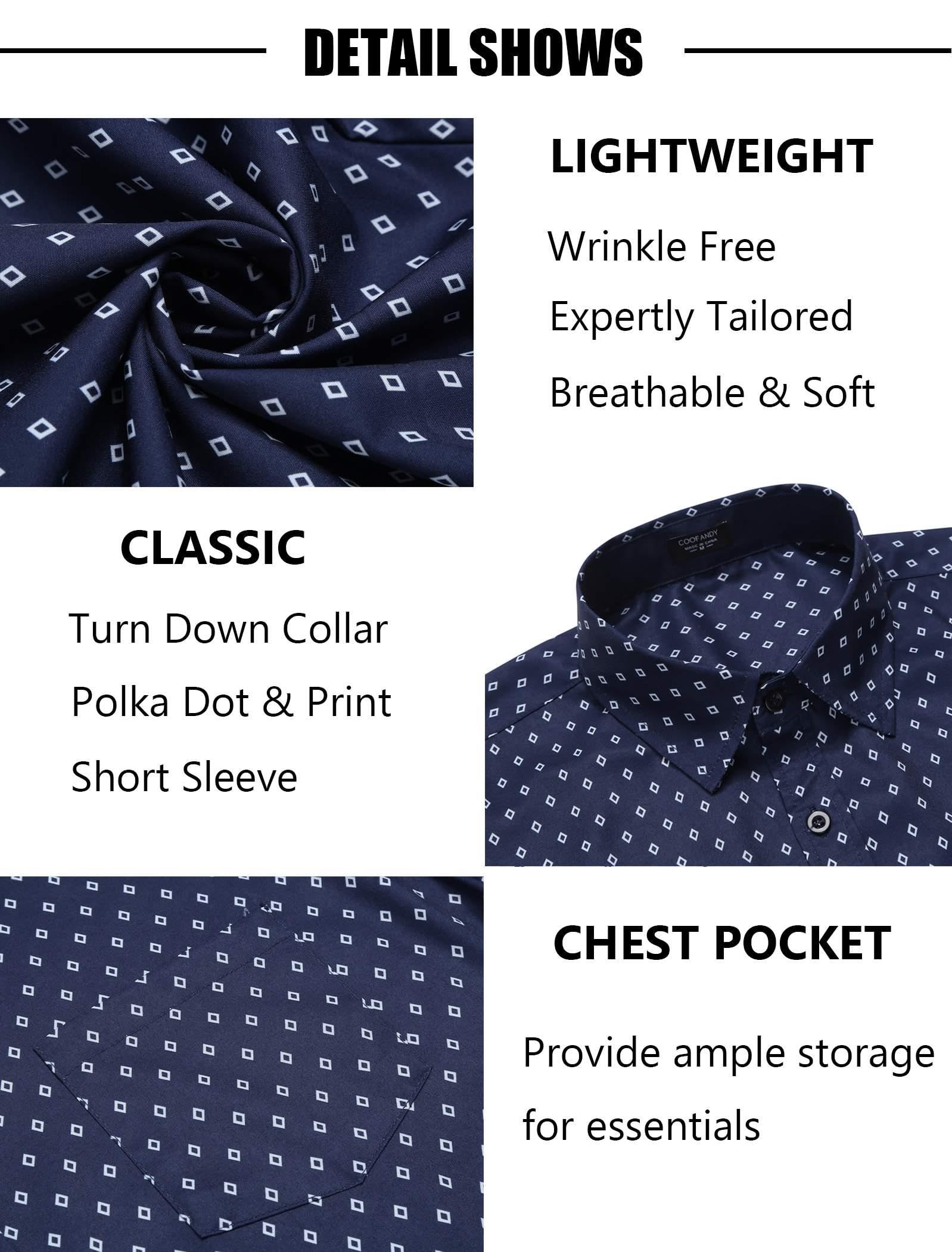 COOFANDY Men's Short Sleeve Dress Shirts Wrinkle Free Polka Dot Print Shirt Casual Button Down Shirts with Pocket