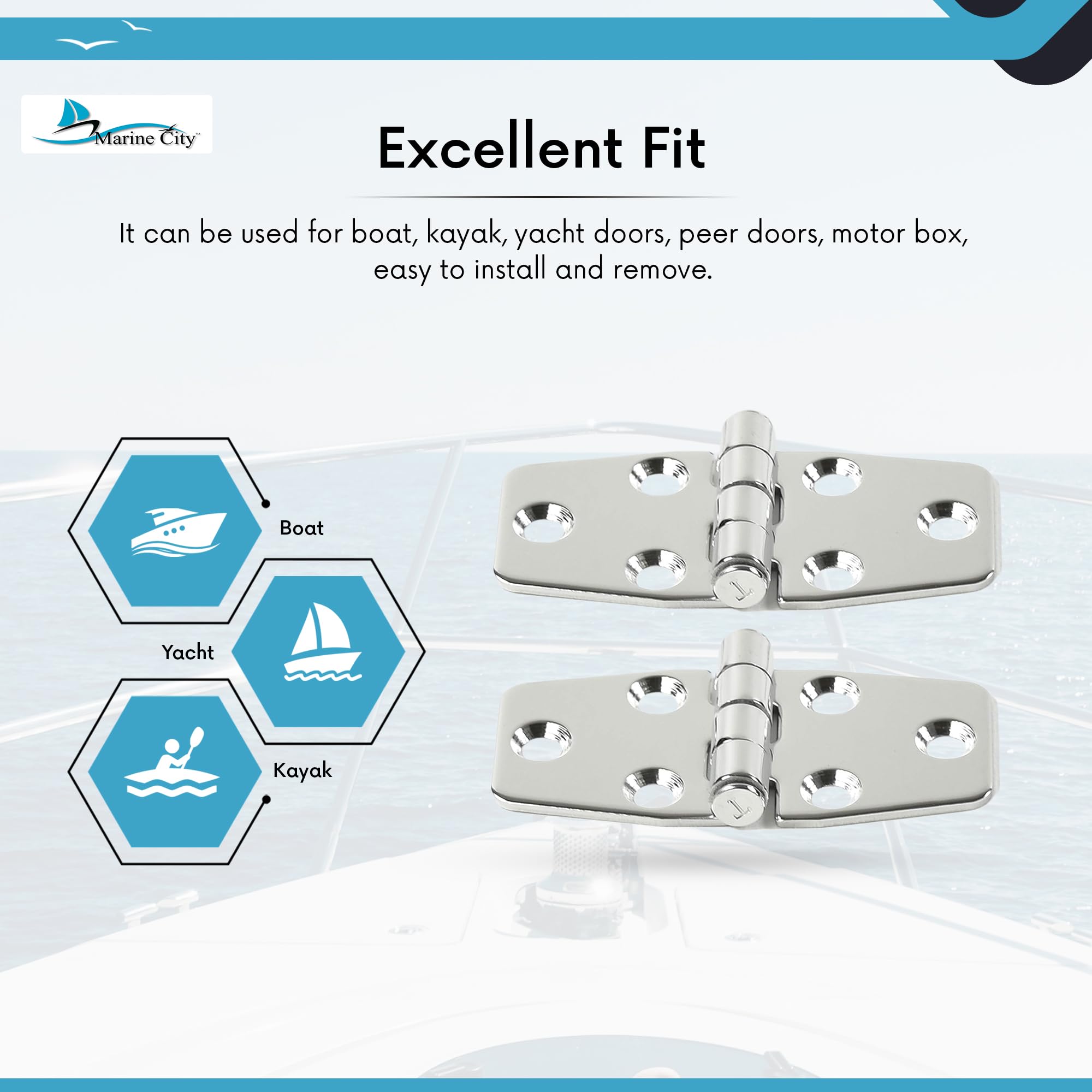 MARINE CITY Heavy Duty 304 Stainless Steel Polished Door Strap Hinges (1-1/2 × 3 Inches) for Boats – Kayaks – Yacht Doors – Peer Doors – Motor Boxes (Pack of 2)