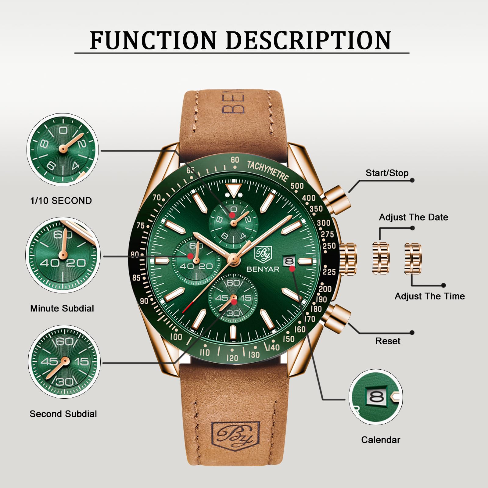 BENYAR Classic Fashion Quartz Chronograph Watch Casual Sport 30M Waterproof Leather Band Mens Watches (Green)