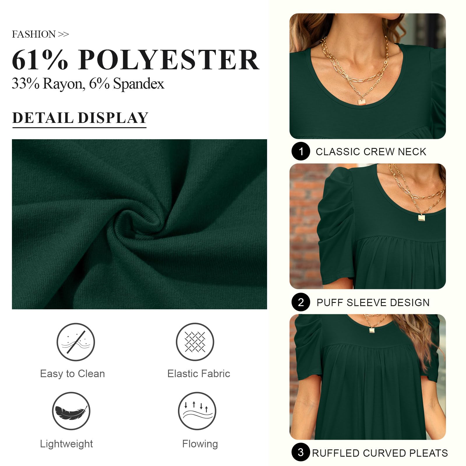 Anydeer Women Tunic Top Summer Short Puff Sleeve Chest Pleated Tshirts Casual Round Neck Blouse Loose Tee, M, Crew Short Dotted Navy Blue