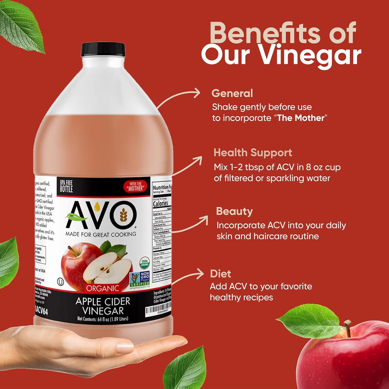 AVO Naturally Processed ORGANIC NON-GMO Apple Cider Vinegar with the Mother – Raw, Unfiltered, Unpasteurized All Natural Ingredients (64 oz)