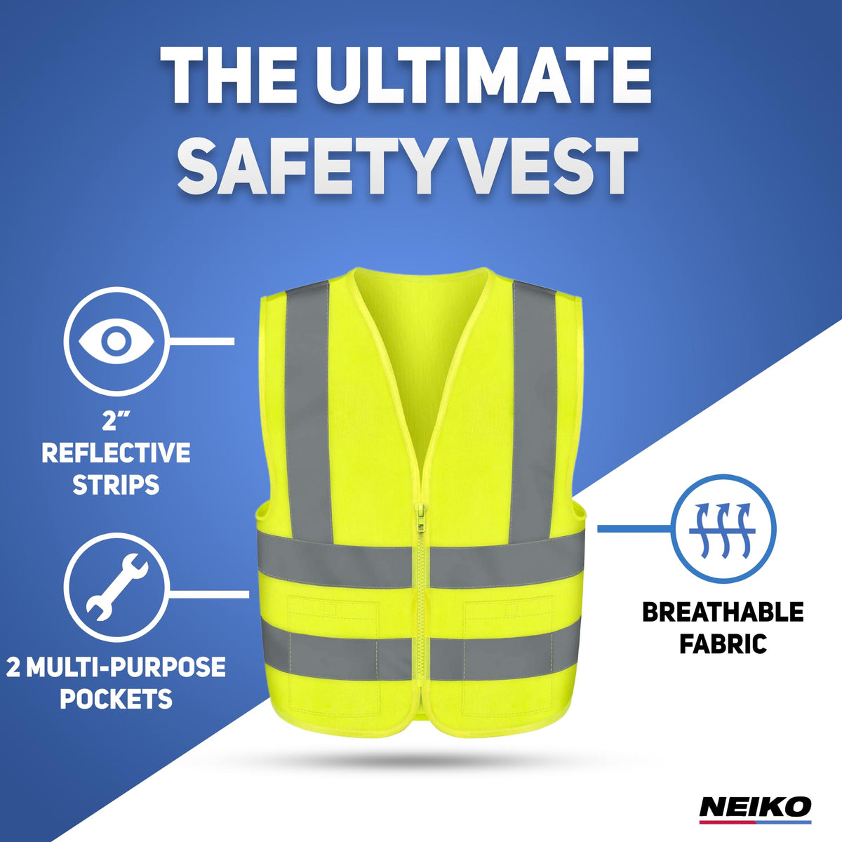 Neiko 53962A High Visibility Safety Vest with 2 Pockets, ANSI/ISEA Standard | Color Neon Yellow | Size L