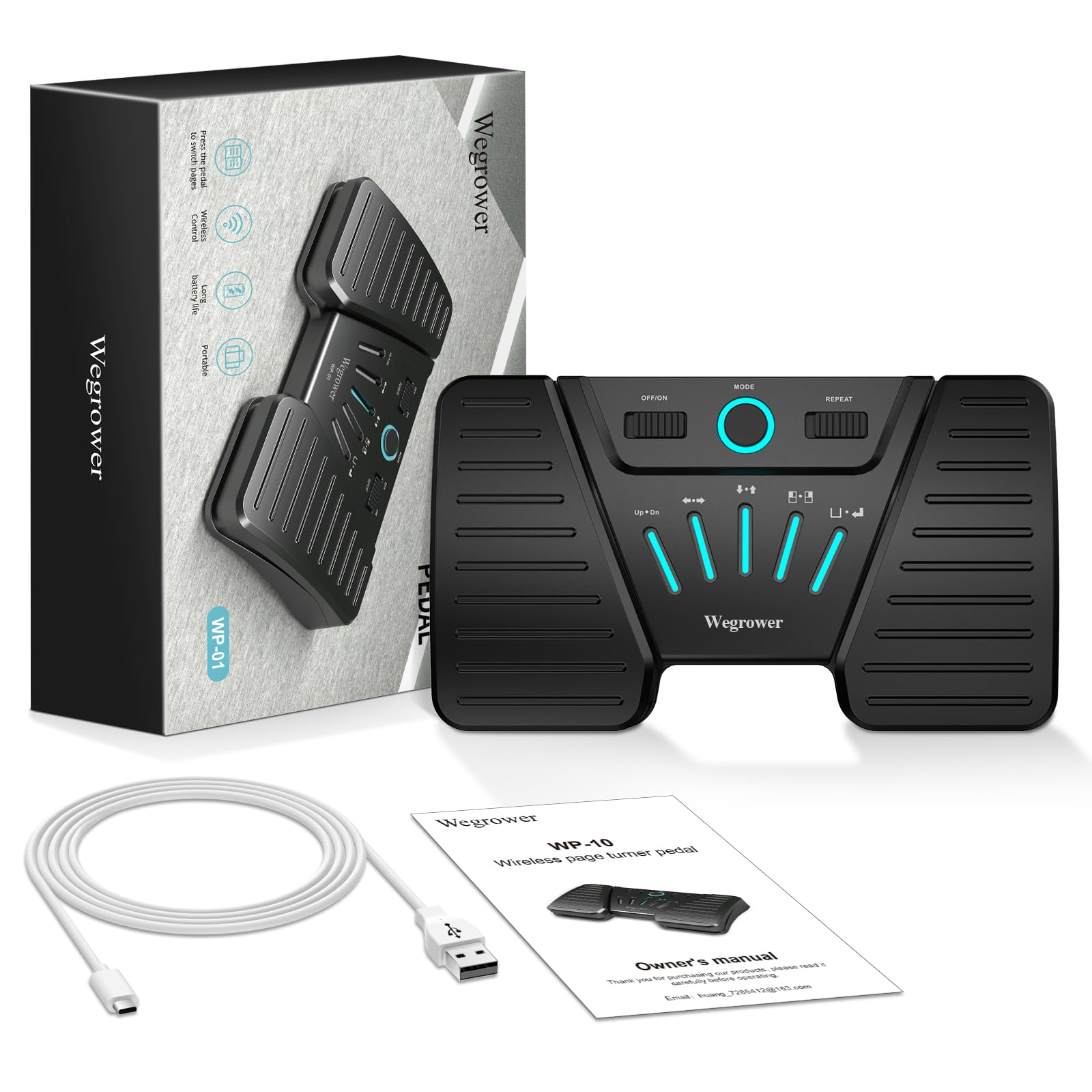 Wegrower Wireless Page Turner Pedal for Musical Instruments,Portable Bluetooth Foot Pedal, Silent Rechargeable Music Page Turner with Anti-Slip Rubber for iPad, Tablets, Phone