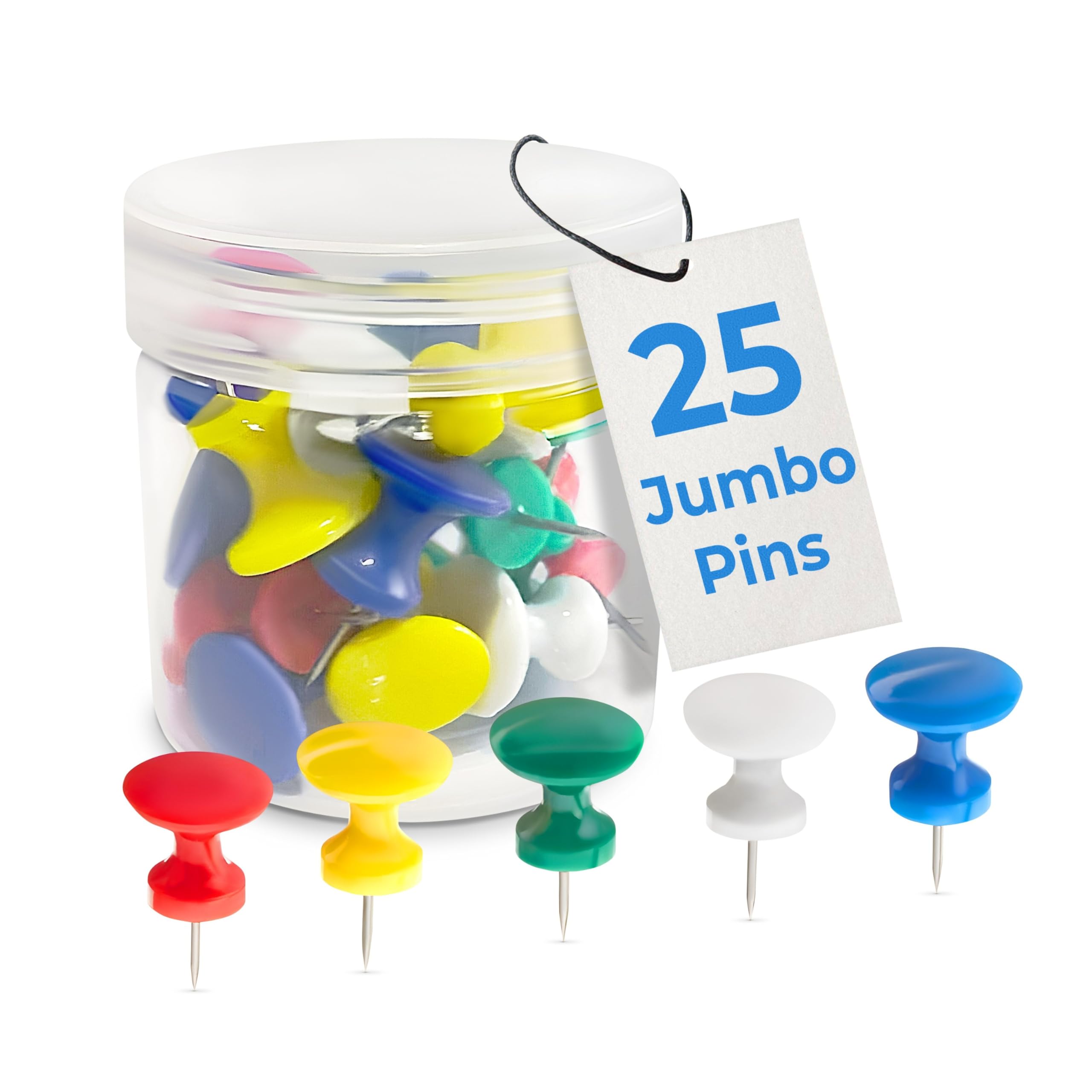CraftyCrocodile 25 Giant Push Pins - Green, White, Yellow, Blue, Red Jumbo Tacks with Plastic Heads & Steel Points for Cork Board and Thick Papers