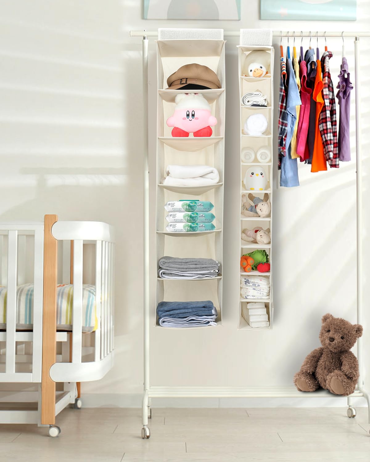 NEATJELAI 2 Pack Hanging Closet Organizer 6 Tier Large Hanging Shoe Organizer Shelves for Closet Wardrobe Baby Clothes Organization and Storage, Foldable Design, Beige,12" D x 47" W x 12" H