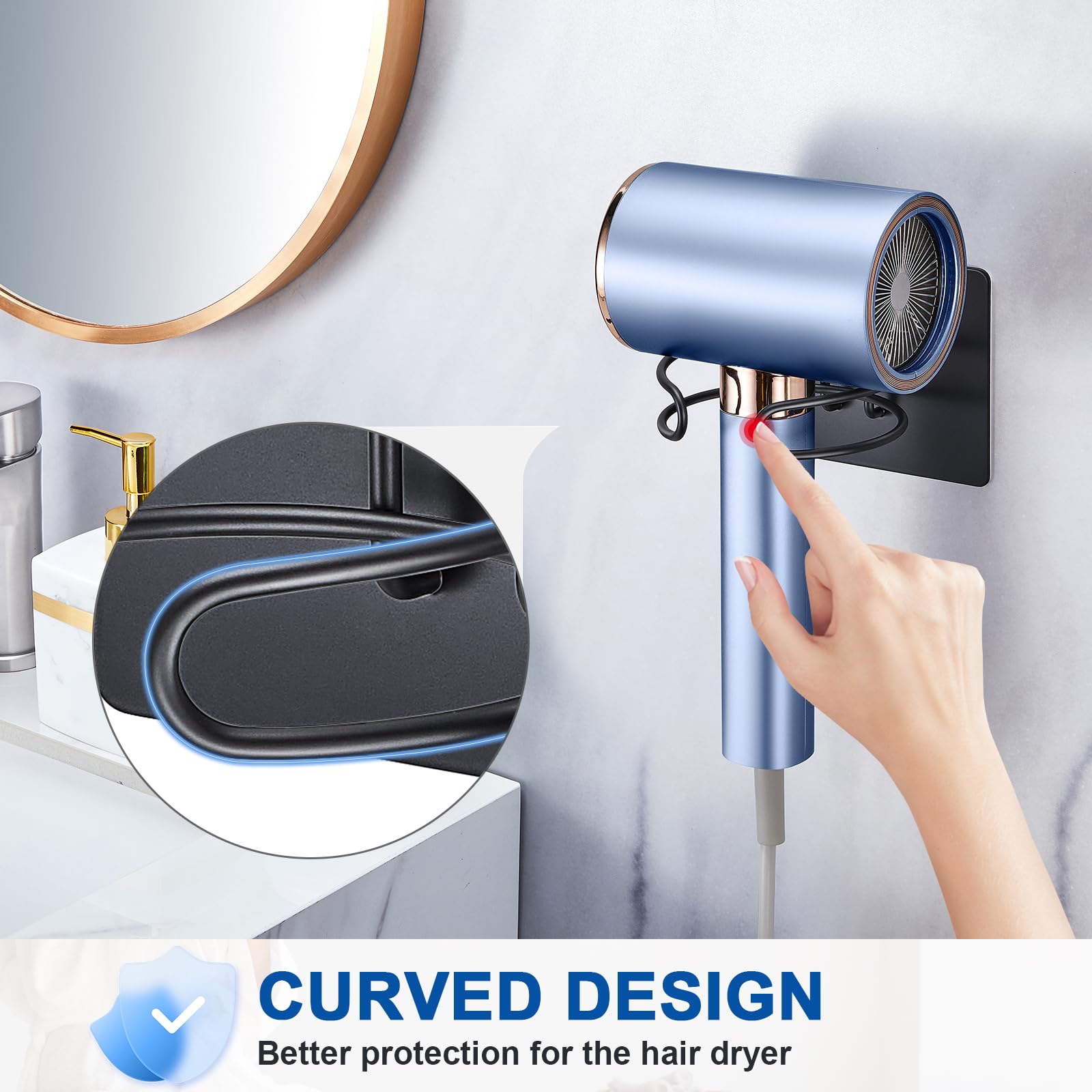 XILIMEN Hair Dryer Holder Wall Mounted, Self Adhesive Blow Dryer Hanger for Most Hair Dryers Storage, Hairdryer Holder Rack for Bathroom Cabinet, Black