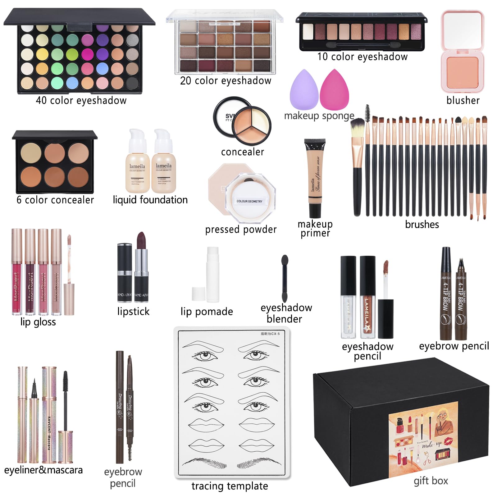 All in One Makeup Kit Makeup Kit for Women Full Kit Multipurpose Makeup ,eyeshadow、 liquid foundation,Loose powder,Eyebrow pencil,4-color lip gloss set
