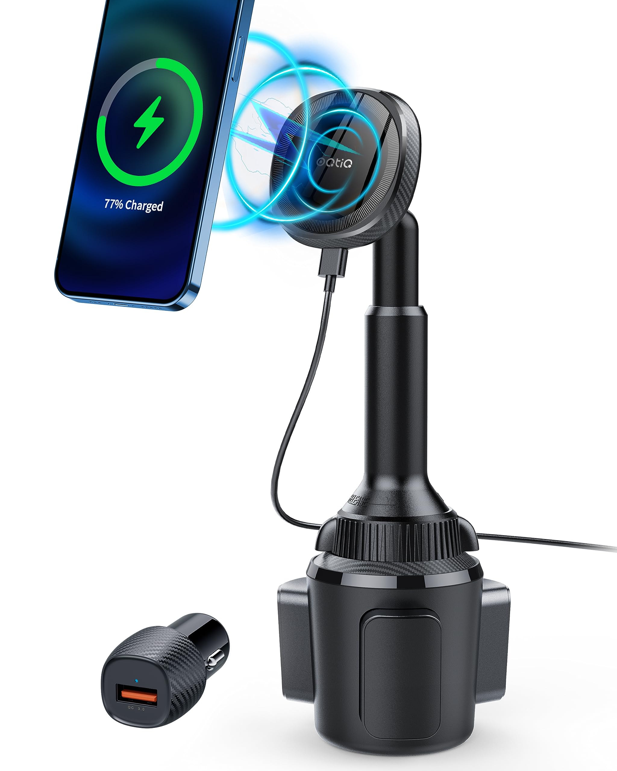 OQTIQ for MagSafe Cup Holder Wireless Car Charger Mount Magnetic Phone Charger Mount Heat-Dissipating System Fast Charging Phone Holder for iPhone 16 15 14 13 12 Pro Max Plus Mini with QC 3.0 Adapter