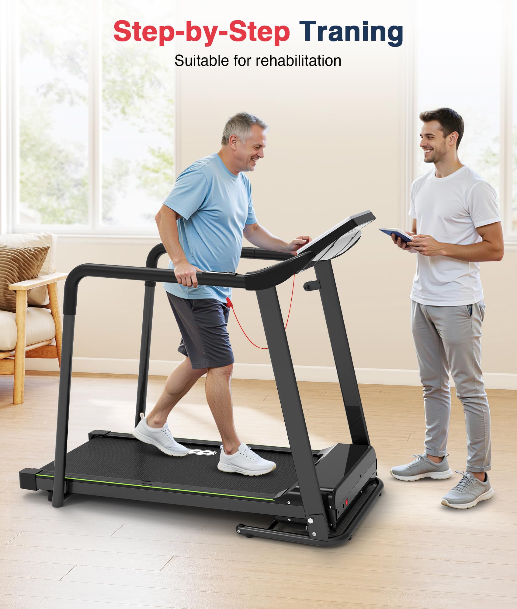 Redliro Walking Treadmill with Long Handrail for Balance, Recovery Fitness Exercise Machine Foldable for Home use with Holder for Phone & Cup,LCD Display, 300 lbs Capacity