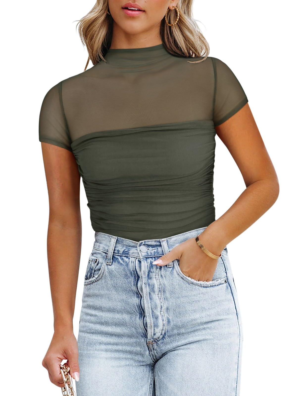 REORIA Sexy Bodysuits for Women Classic Mock Turtle Neck Short Sleeve Slim Fit Shirts Sheer Mesh Ruched Trendy Going Out Tops Cute Office Bodysuits Grey Green Small