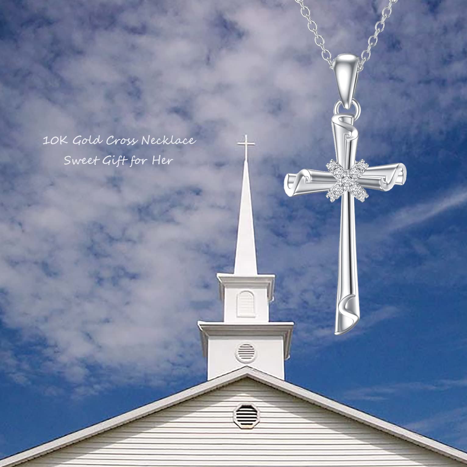 SISGEM 10K Real Gold Cross Necklace for Women, White Gold Cubic Zirconia Cross Pendant Necklace Cross Jewerly Gifts for Birthday Christmas 16+1+1 inch (10K-White)