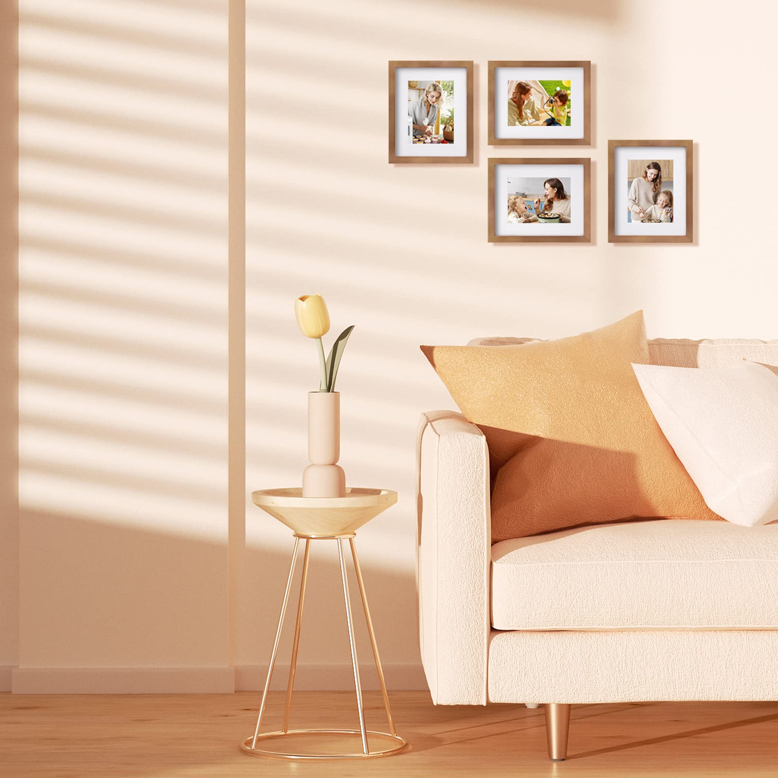 Egofine 8x10 Picture Frames 4 Pack, for Pictures 4x6 or 5x7 with Mat Made of Solid Wood Covered by Plexiglass for Table Top Display and Wall Mounting Photo Frames, Light Brown