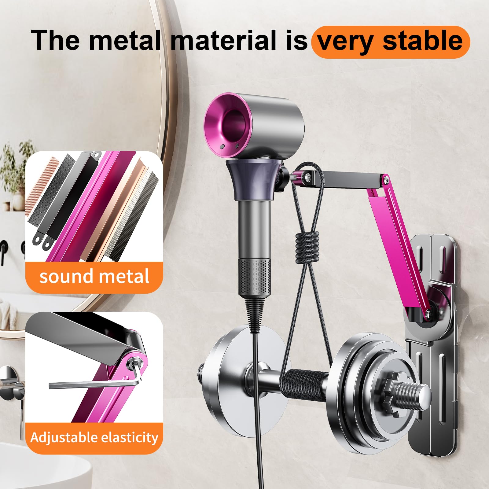 Blissfuhue Adjustable blow dryer holder wall mounted storage,Hands-Free bathroom blow dryer holder,height angle,metal material Compatible with 90% hair dryer hanger, suitable for countertop use