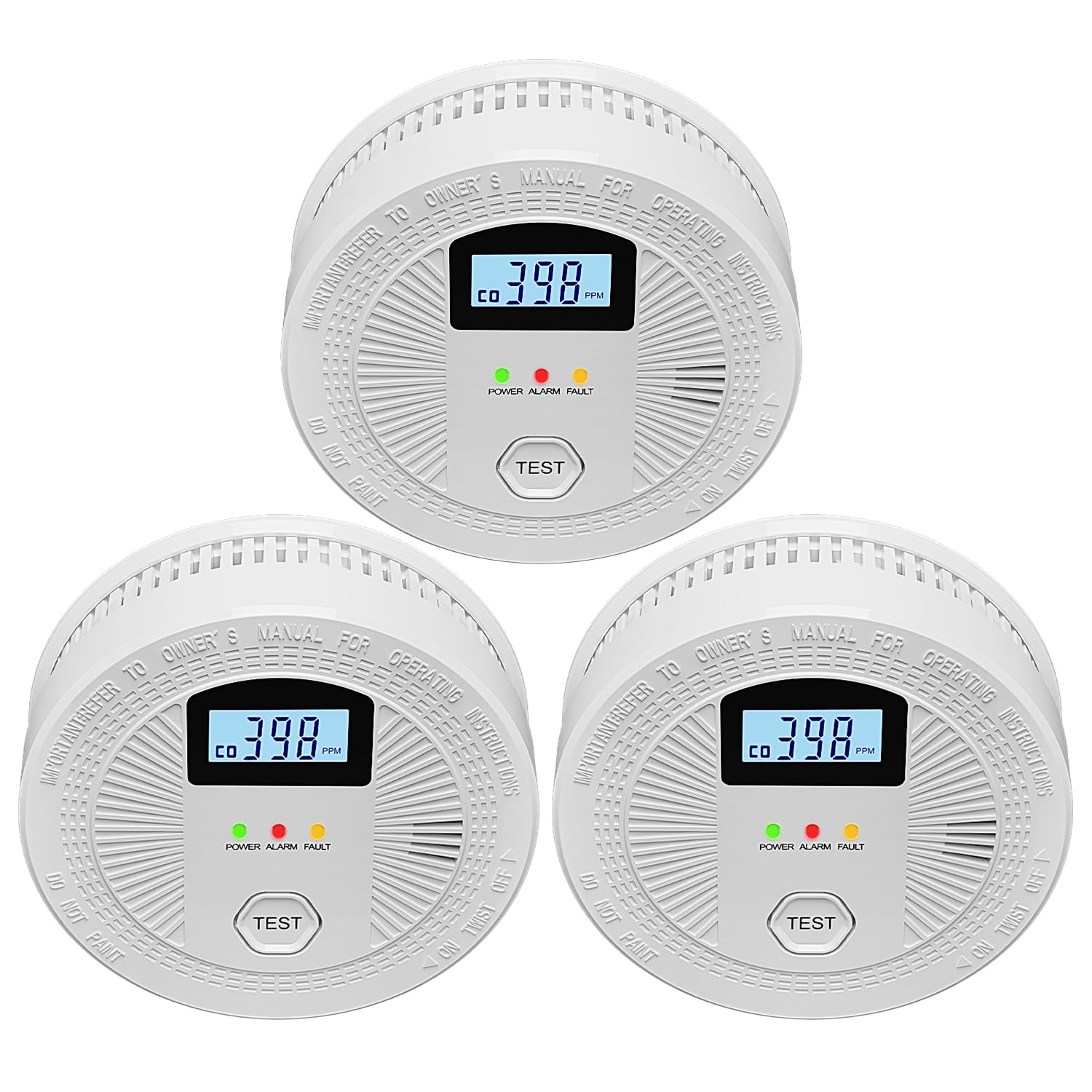 3 Pack Combination Photoelectric Smoke and Carbon Monoxide Alarm Detector with Digital Display; Battery-Operated Smoke Carbon Monoxide Alarm