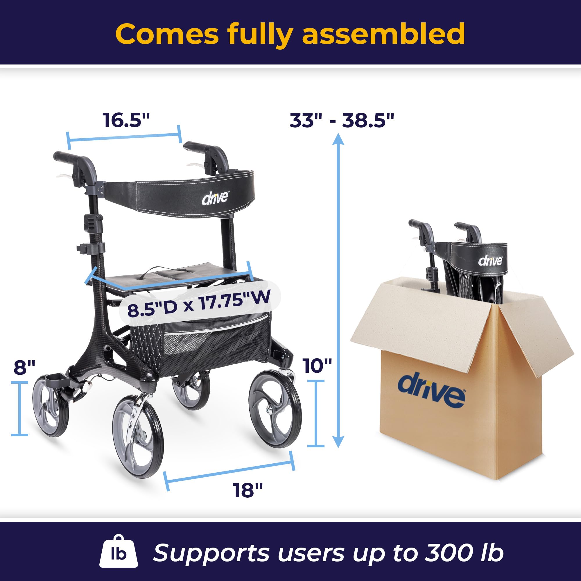 Drive Medical RTL10266CF Nitro Elite CF Foldable Rollator Walker with Seat, Black