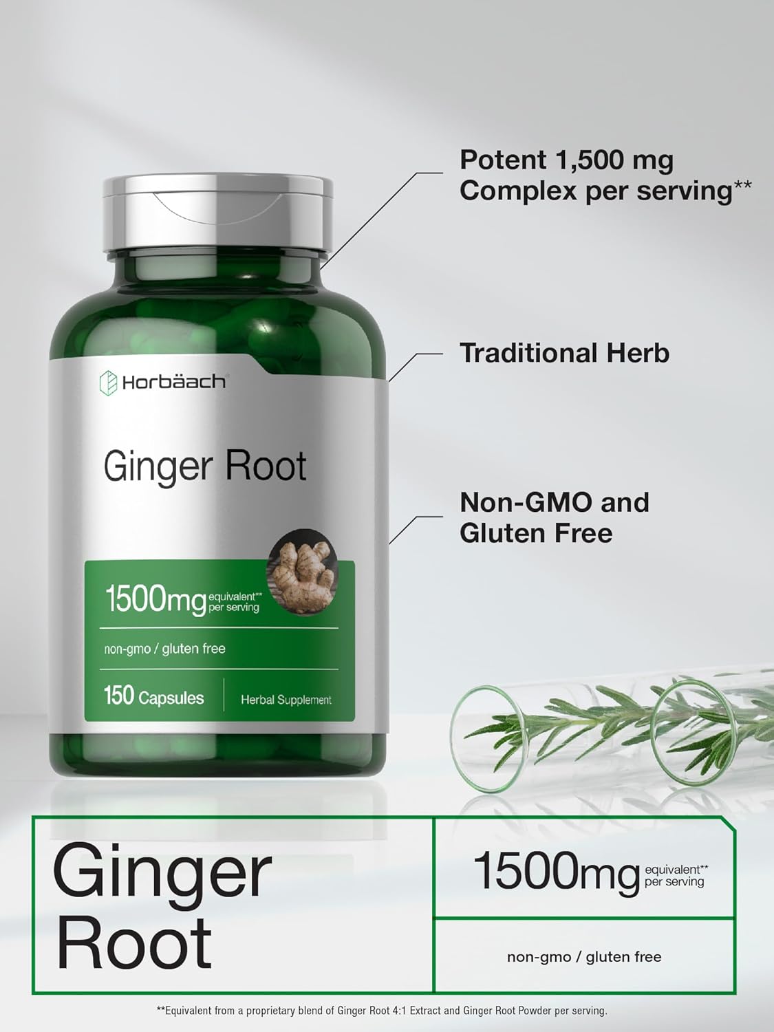 Ginger Root Capsules 1500 mg | 150 Pills | DNA Tested, Non-GMO, Gluten Free | Ginger Root Extract | by Horbaach