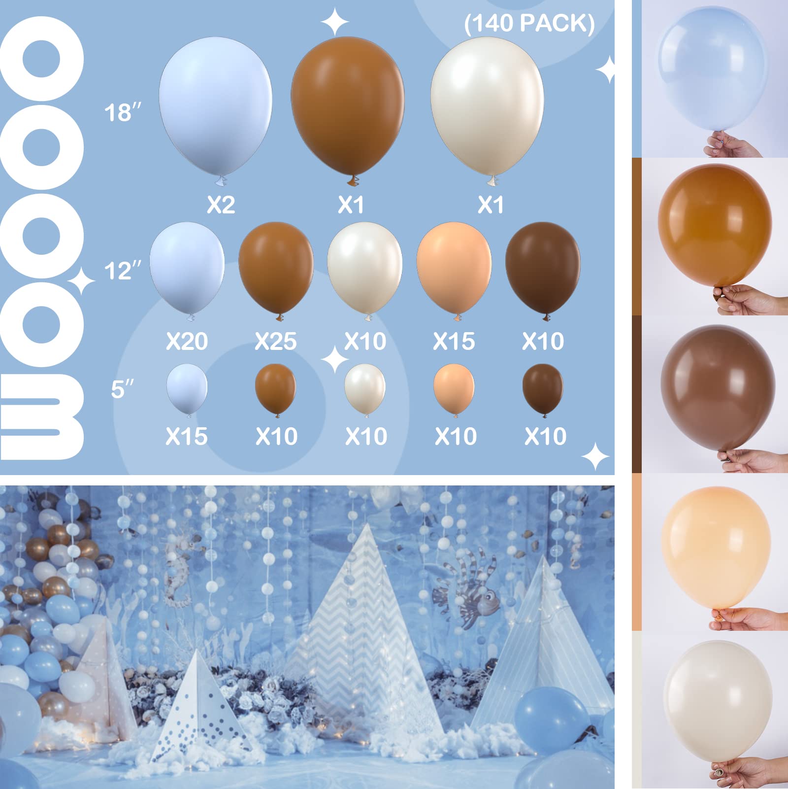 PartyWoo 140 pcs Blue and Brown Balloon Garland Kit, Brown, Pastel Blue, Sand White, Apricot Balloons for Balloon Garland Arch Kit, Birthday Decorations for Boy, Bear Baby Shower Decorations
