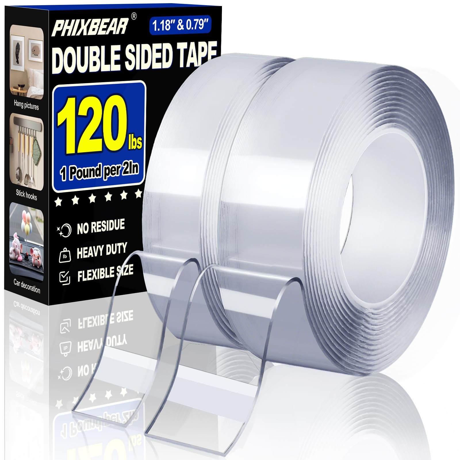 PHIXBEAR 2 Rolls Double Sided Tape Heavy Duty,19.7 Ft x 1.18" & 0.79" ,Removable Nano Tape for Poster Carpet Picture Hanging Strip Rug Wall Outdoor - Clear & Strong Adhesive Multipurpose Mounting Tape