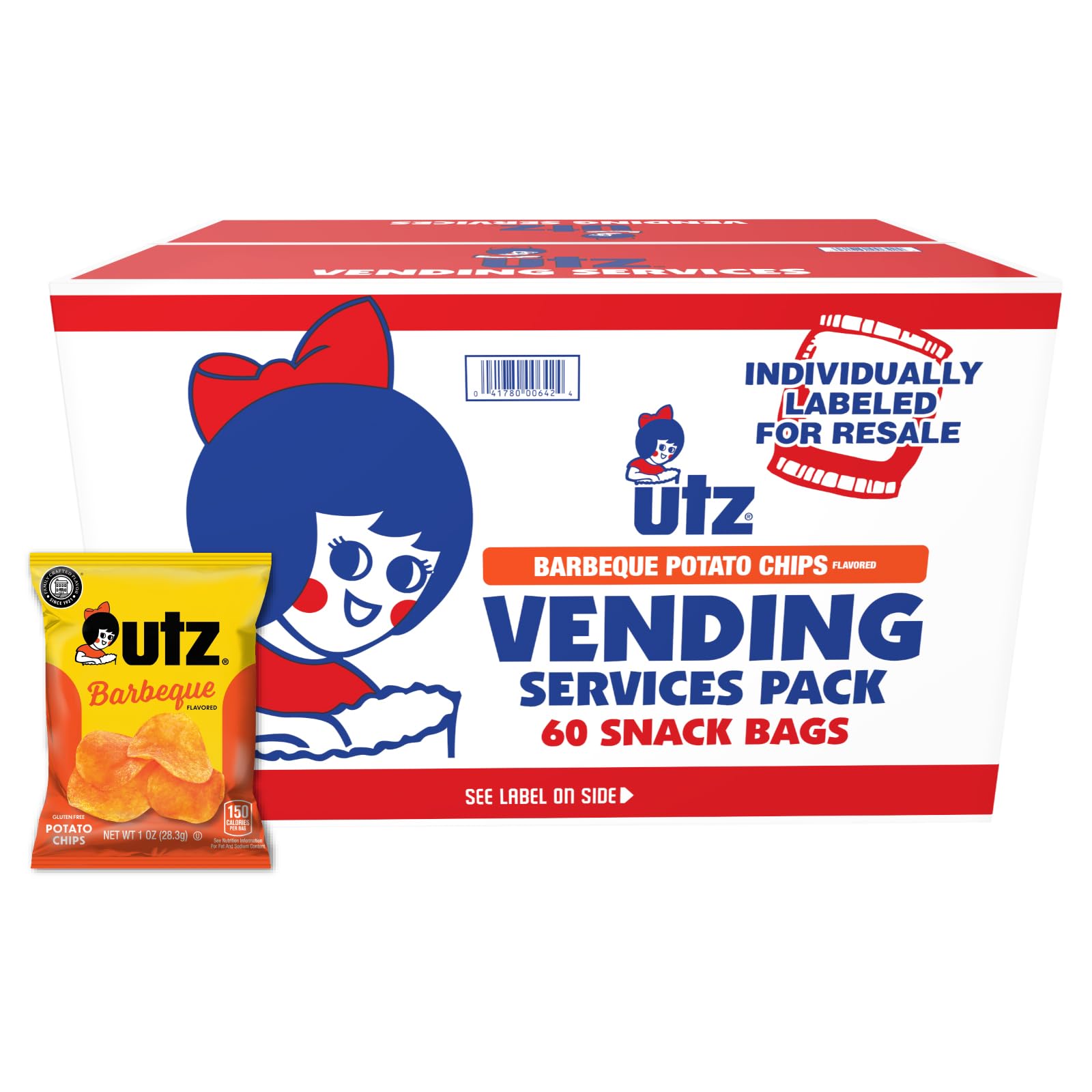 Utz Potato Chips, Barbeque - 1 Ounce (Pack of 60), Crispy Potato Chips Made from Fresh Potatoes, Crunchy Individual Snacks to Go, Cholesterol Free, Trans-Fat Free, Gluten Free Snacks