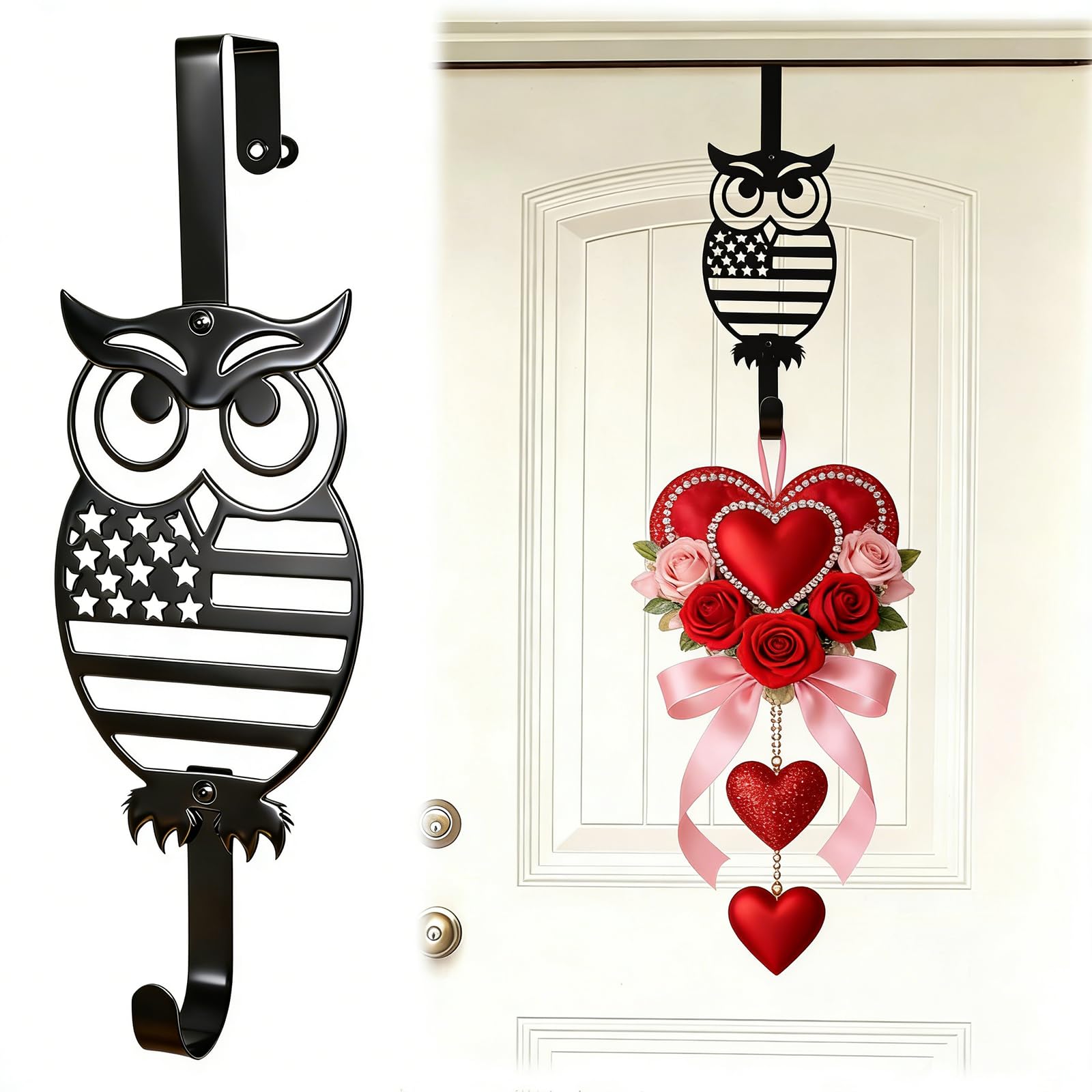 Valentine Wreath Hangers for Front Door , Valentines Day Decorations.Owl Over The Door Hooks 15" Metal Daily Front Door Hangers Sturdy Wreath Holder for Xmas Party Festival Front Porch Home Deco