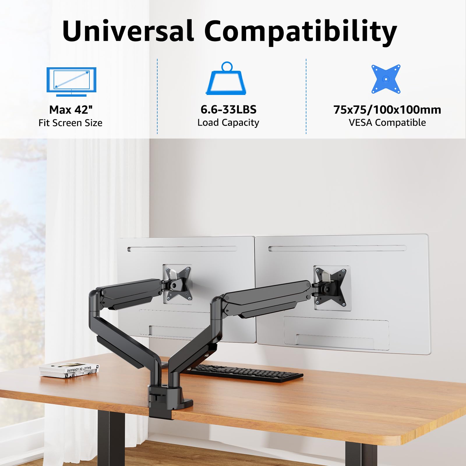 MOUNTUP Dual Monitor Mount fits 17''-42'' Ultrawide Screen, Holds 6.6-33lbs, Dual Monitor Arm Desk Mount, Heavy Duty Gas Spring Monitor Stand for 2 Monitors, Vesa Mount with Clamp/Grommet Base