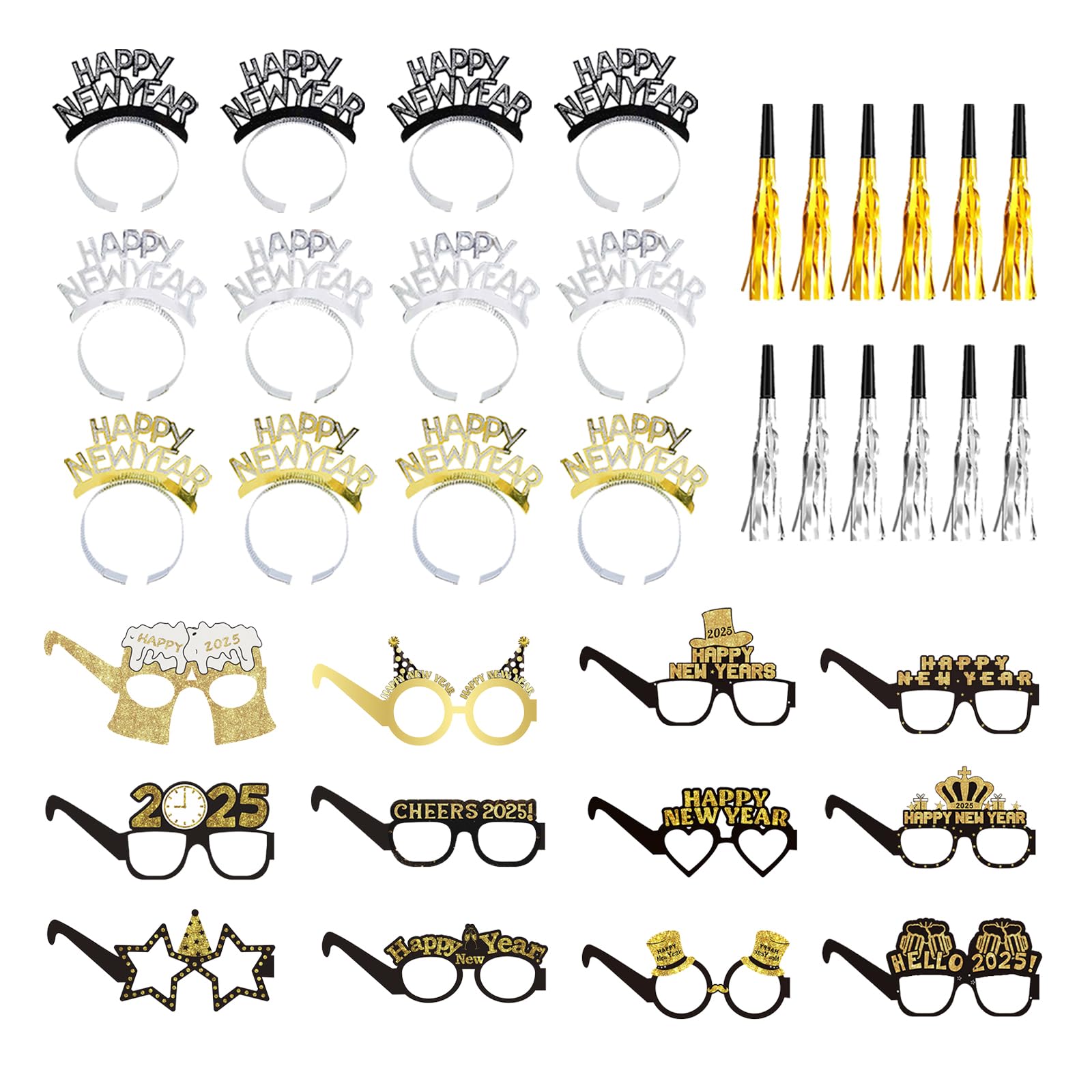 Falinpitos 36PCS Happy New Year Decorations 2025 New Years Eve Party Supplies 2025,With 12 Happy New Year Headband Tiara,12 Noise Maker,12 New Years Glasses 2025